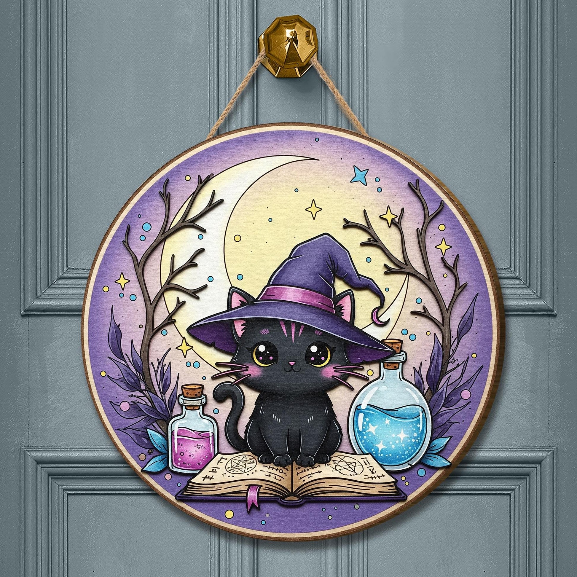 Adorable Witchy Black Cat Wooden Sign, Mystical Moon Decor, Halloween Home Accent, Whimsical Feline Art, Potion Bottle