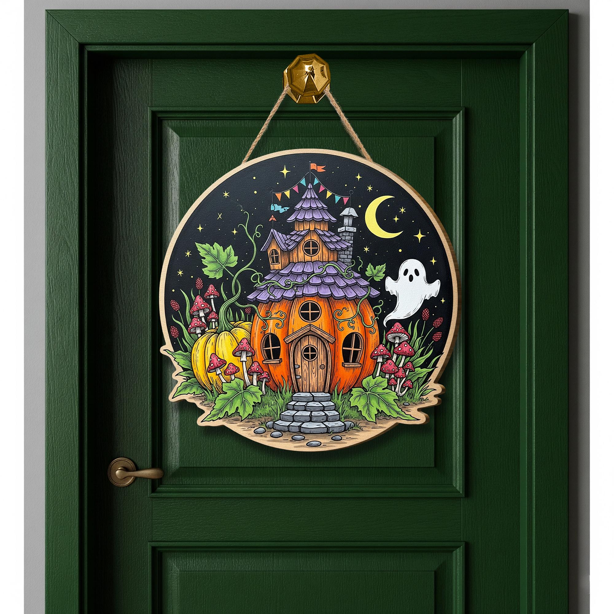 Whimsical Halloween Pumpkin House Wooden Sign, Spooky Cute Ghost Decor, Autumn Harvest Wall Art, Enchanted Cottage Hanger