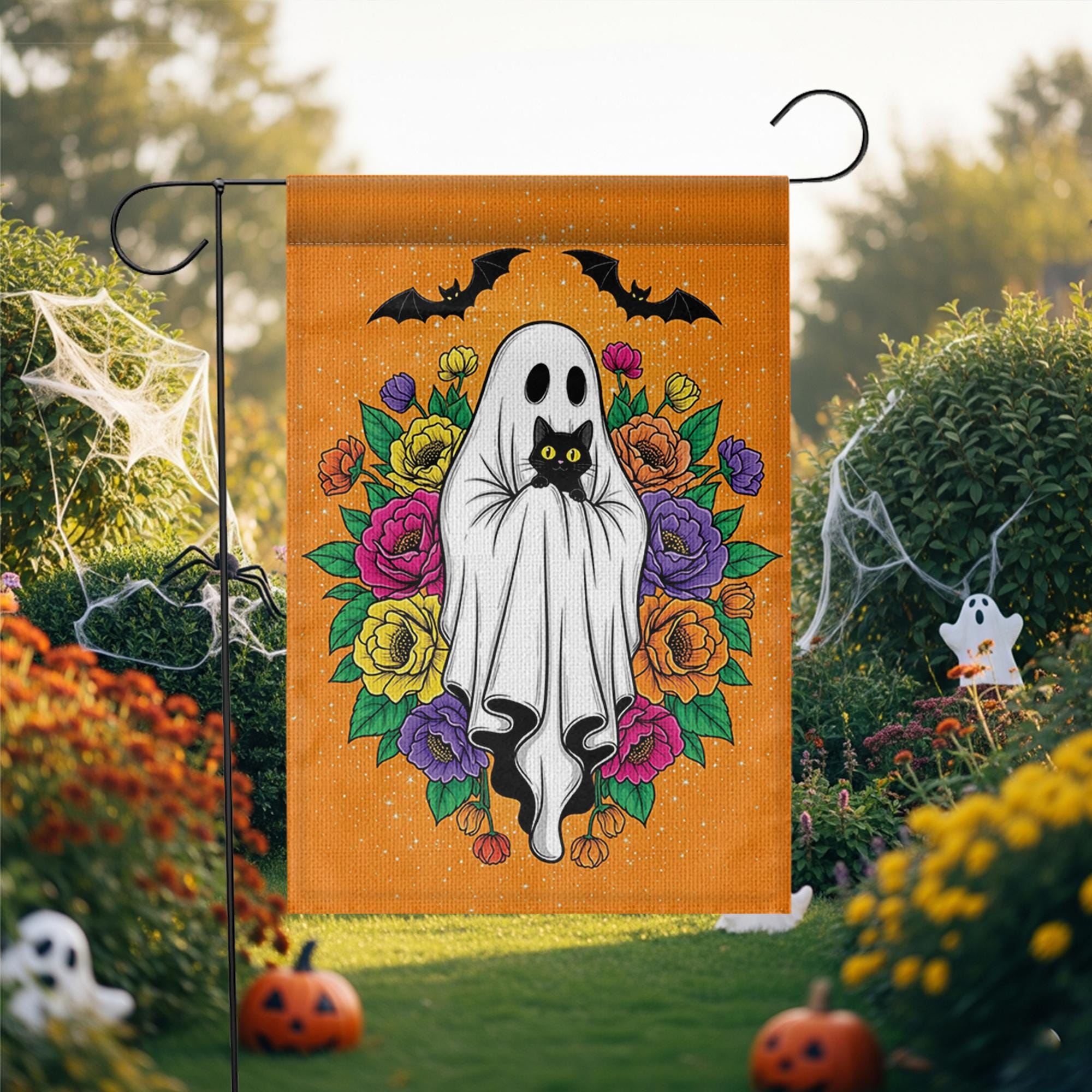 Halloween Ghost Garden Flag with Black Cat, Floral Design – Spooky Cute Outdoor Yard Decor, Fall Halloween Porch Decoration, Black Cat Decor