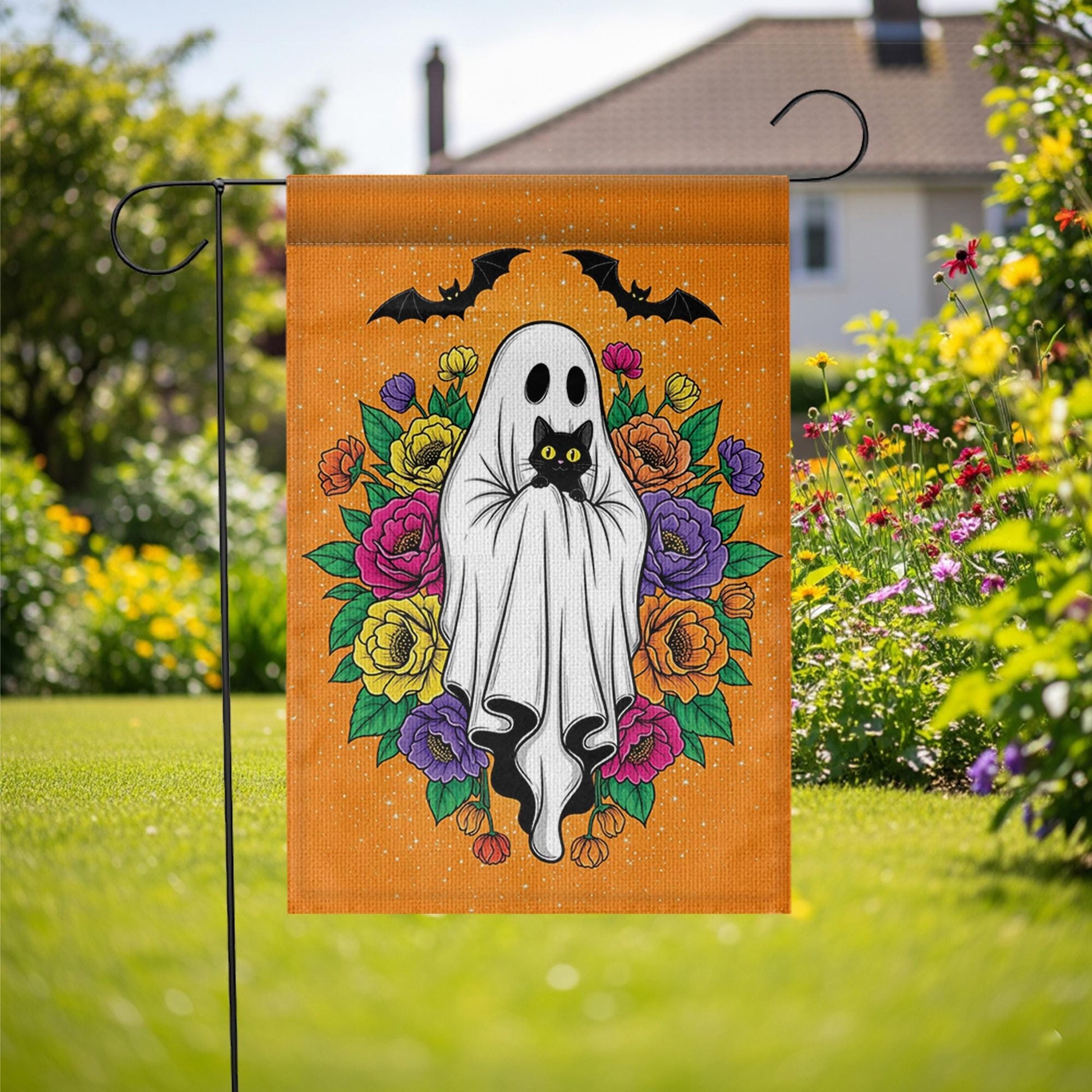 Halloween Ghost Garden Flag with Black Cat, Floral Design – Spooky Cute Outdoor Yard Decor, Fall Halloween Porch Decoration, Black Cat Decor