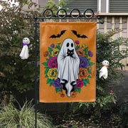 Halloween Ghost Garden Flag with Black Cat, Floral Design – Spooky Cute Outdoor Yard Decor, Fall Halloween Porch Decoration, Black Cat Decor