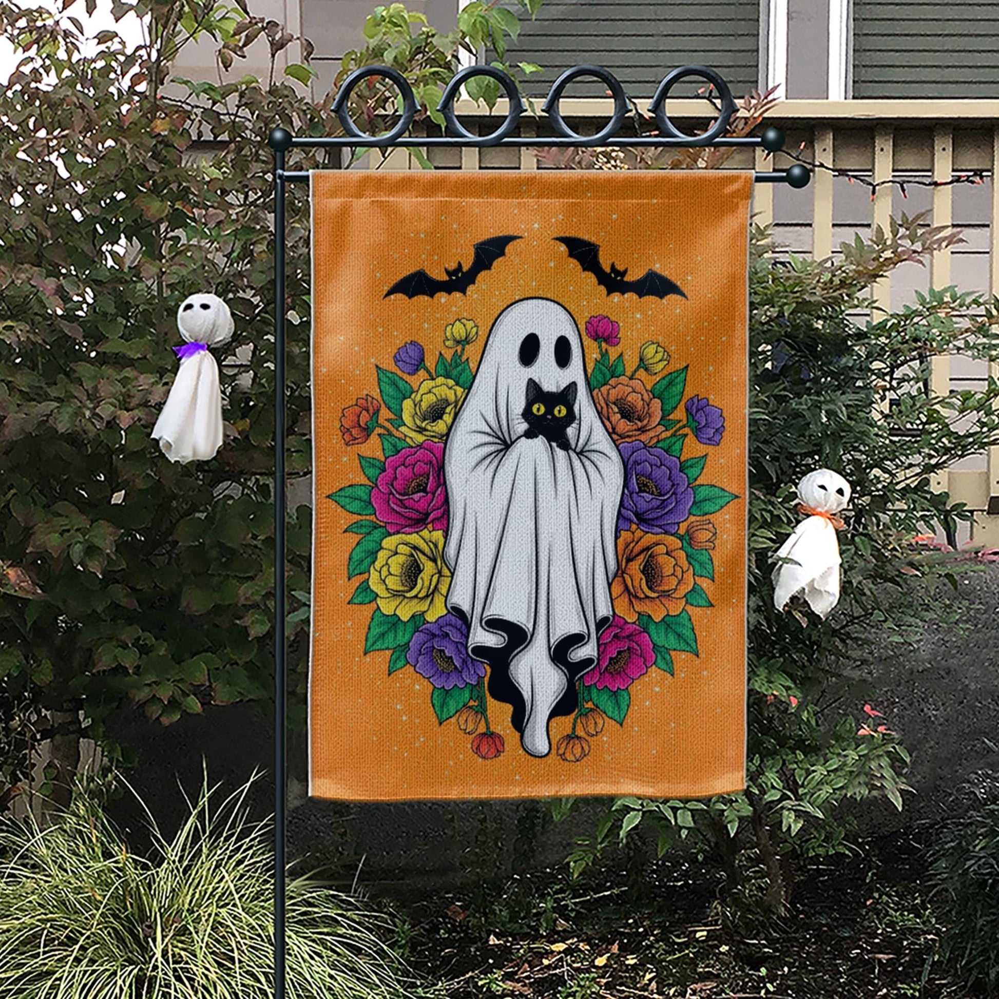 Halloween Ghost Garden Flag with Black Cat, Floral Design – Spooky Cute Outdoor Yard Decor, Fall Halloween Porch Decoration, Black Cat Decor