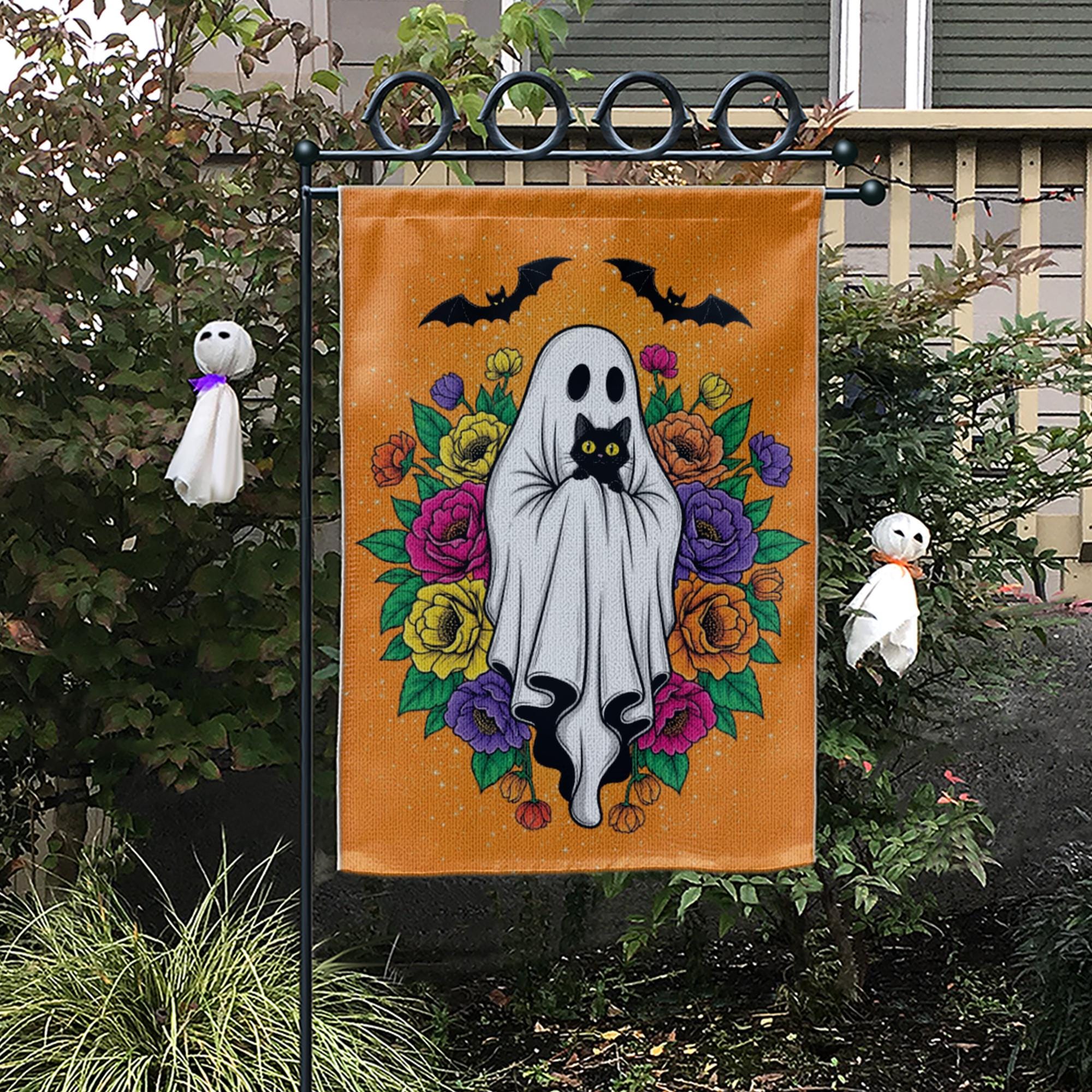 Halloween Ghost Garden Flag with Black Cat, Floral Design – Spooky Cute Outdoor Yard Decor, Fall Halloween Porch Decoration, Black Cat Decor