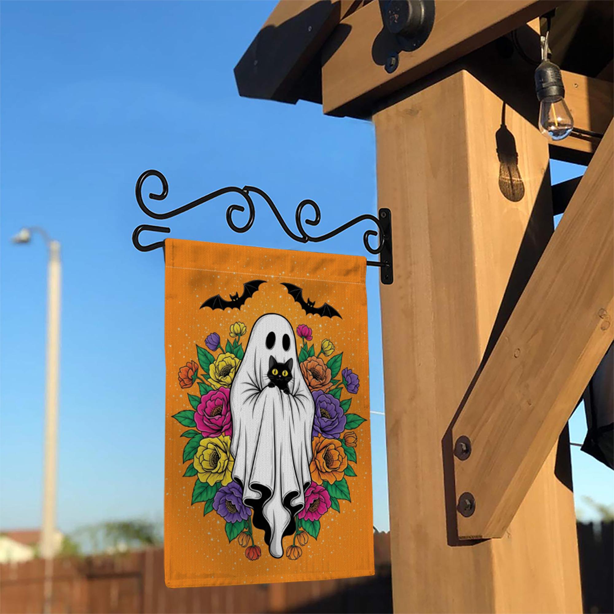 Halloween Ghost Garden Flag with Black Cat, Floral Design – Spooky Cute Outdoor Yard Decor, Fall Halloween Porch Decoration, Black Cat Decor