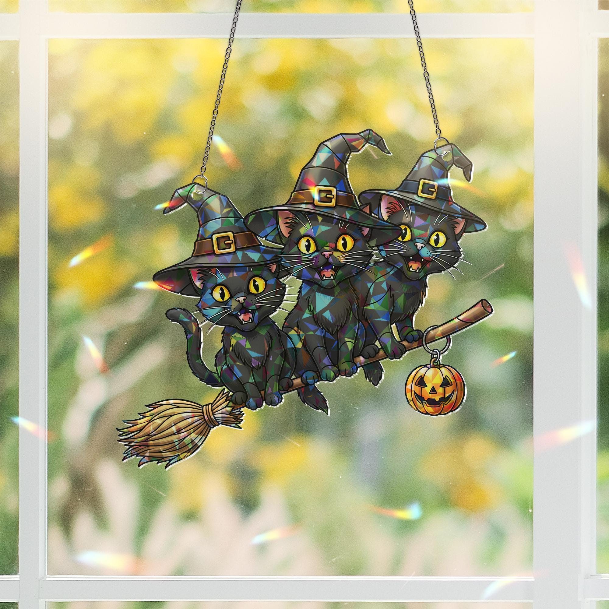 Trio of Witch Cats Suncatcher, Halloween Window Decor, Stained Glass Style Art, Black Cat Witchy Gift, Spooky Home Accent
