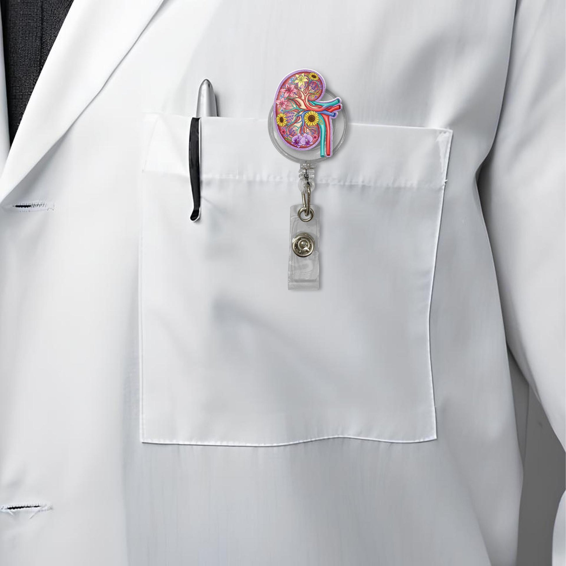Floral Kidney Badge Reel, Cute Anatomical ID Holder, Nephrology Gift for Nurse or Tech, Medical Retractable Name Tag Clip