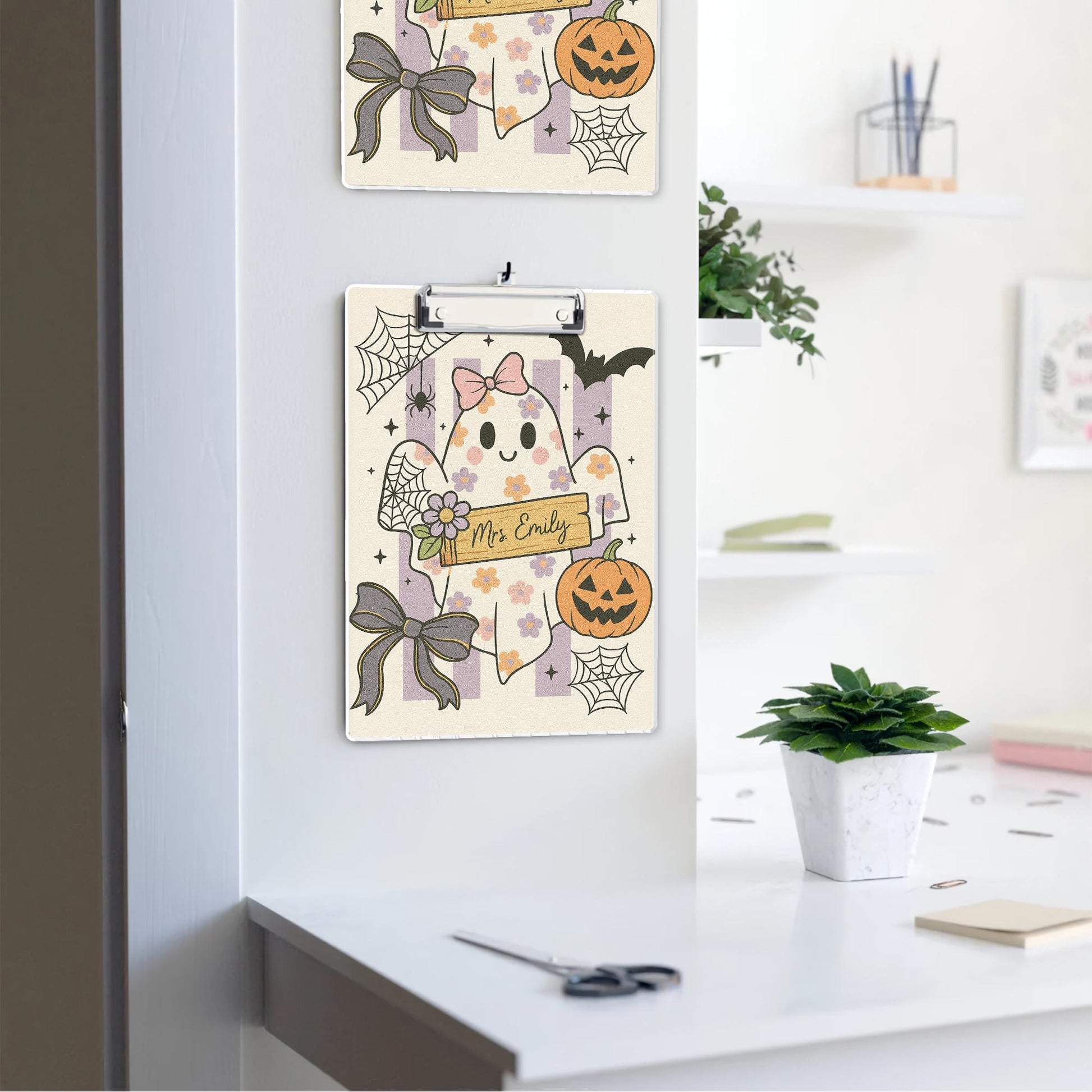 Personalized Halloween Clipboard – Cute Ghost Teacher Name Clipboard, Pastel Fall Classroom Decor, Spooky Teacher Office Supplies