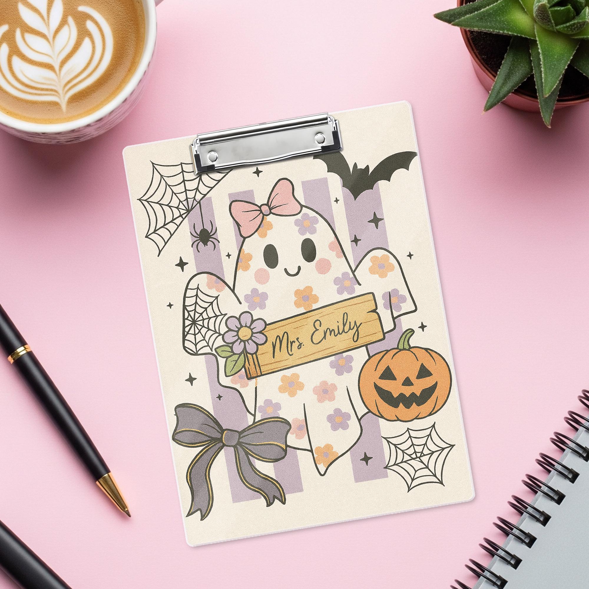 Personalized Halloween Clipboard – Cute Ghost Teacher Name Clipboard, Pastel Fall Classroom Decor, Spooky Teacher Office Supplies