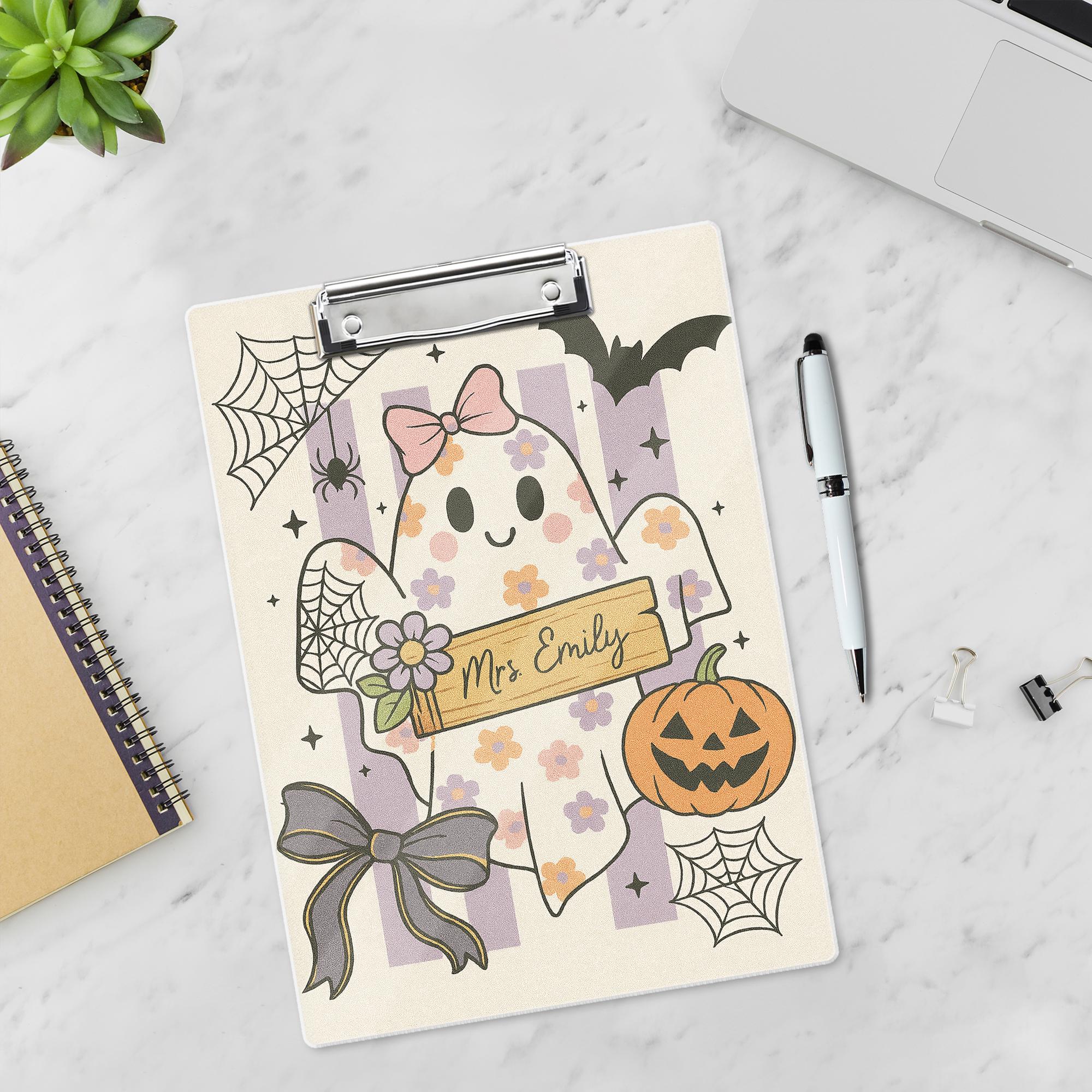 Personalized Halloween Clipboard – Cute Ghost Teacher Name Clipboard, Pastel Fall Classroom Decor, Spooky Teacher Office Supplies