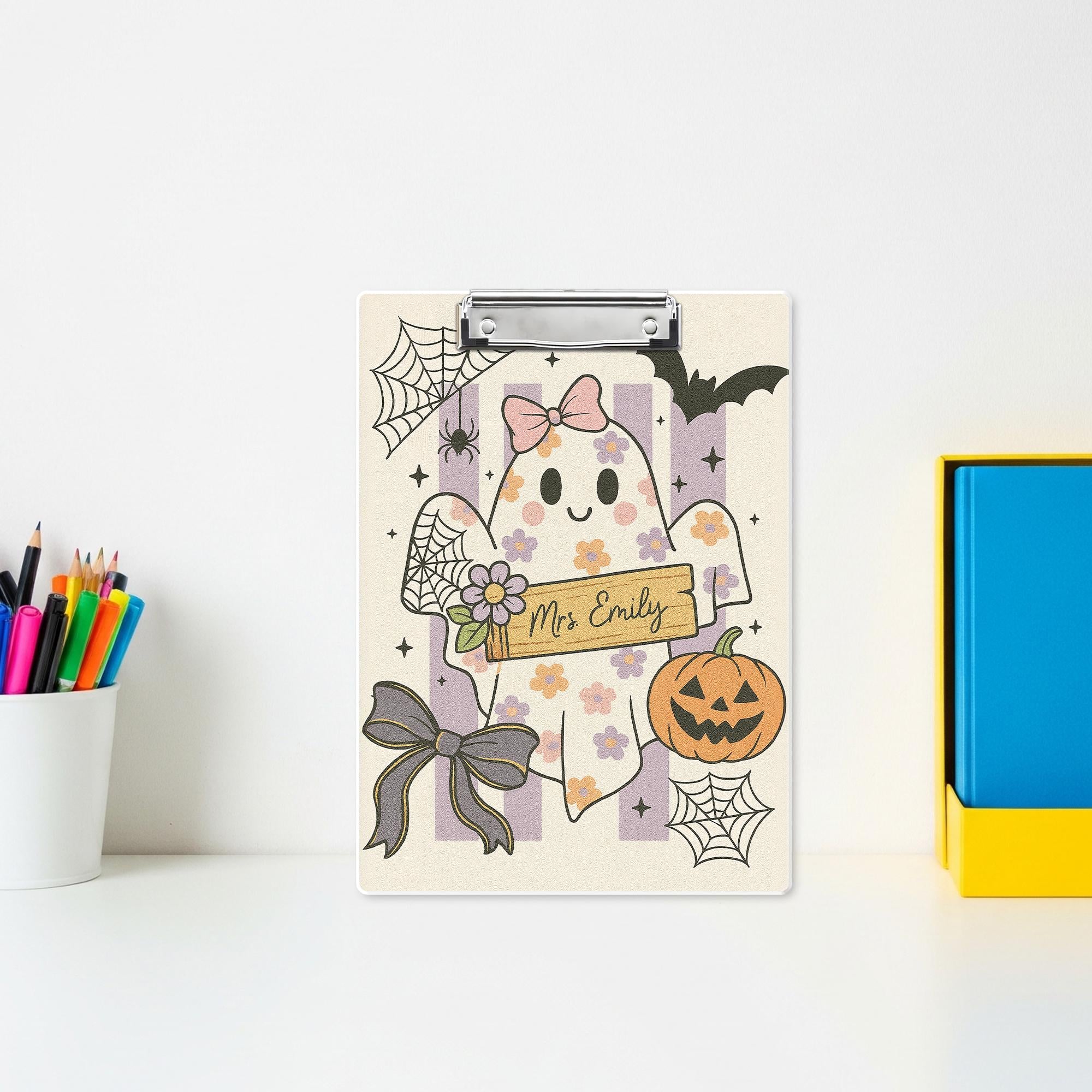 Personalized Halloween Clipboard – Cute Ghost Teacher Name Clipboard, Pastel Fall Classroom Decor, Spooky Teacher Office Supplies