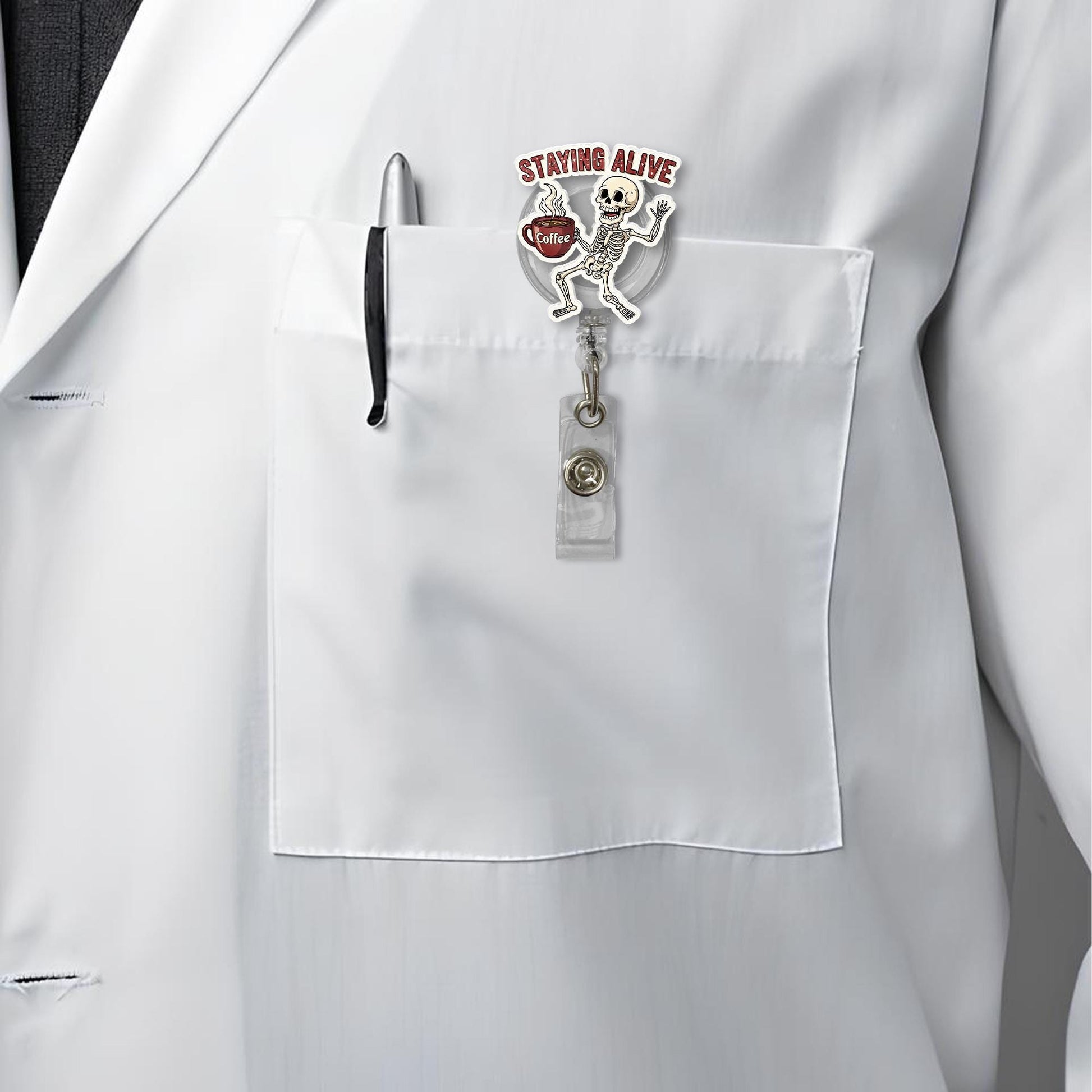 Staying Alive Skeleton Badge Reel, Funny Coffee ID Holder, Halloween Nurse Name Tag, Spooky Retractable Badge Clip for Work