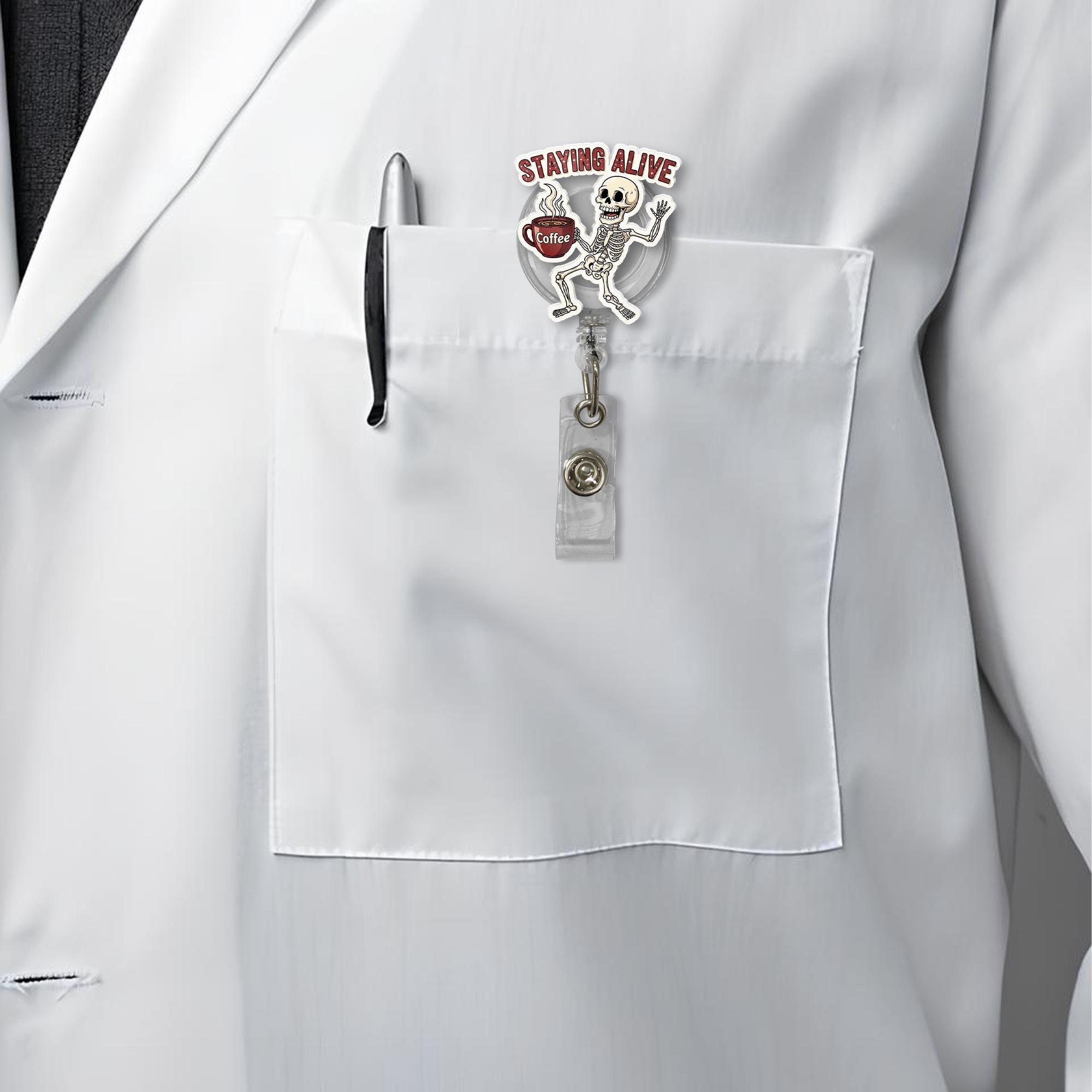 Staying Alive Skeleton Badge Reel, Funny Coffee ID Holder, Halloween Nurse Name Tag, Spooky Retractable Badge Clip for Work