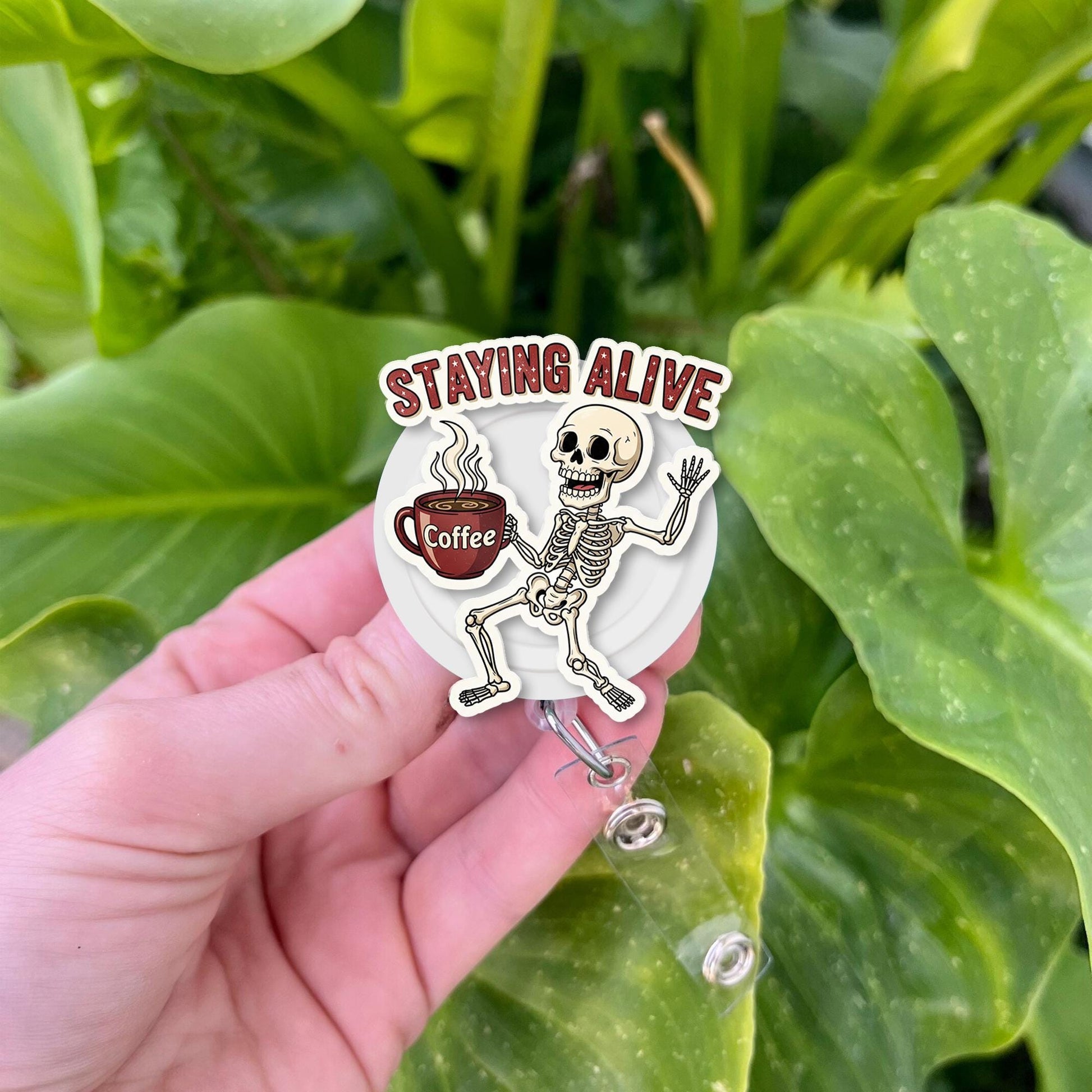 Staying Alive Skeleton Badge Reel, Funny Coffee ID Holder, Halloween Nurse Name Tag, Spooky Retractable Badge Clip for Work