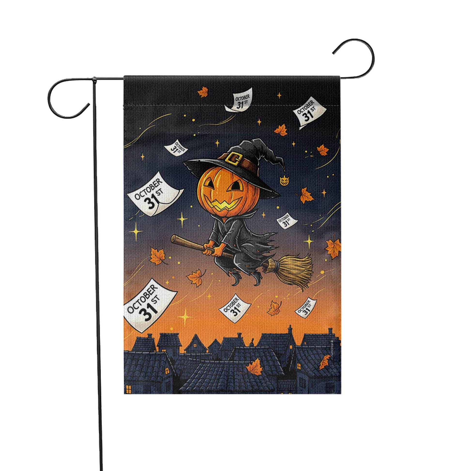 Adorable Witch Pumpkin Garden Flag, Flying Jack-o'-Lantern Yard Decor, October 31st Halloween Banner, Spooky Cute Outdoor Art