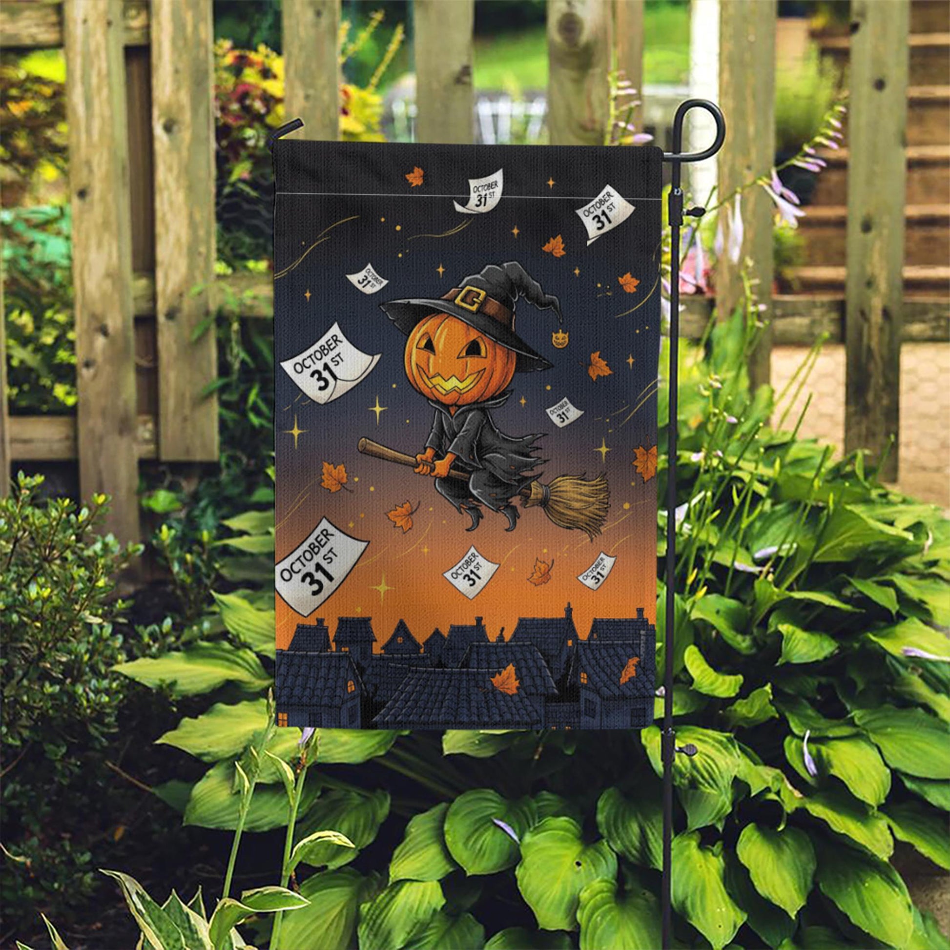 Adorable Witch Pumpkin Garden Flag, Flying Jack-o'-Lantern Yard Decor, October 31st Halloween Banner, Spooky Cute Outdoor Art
