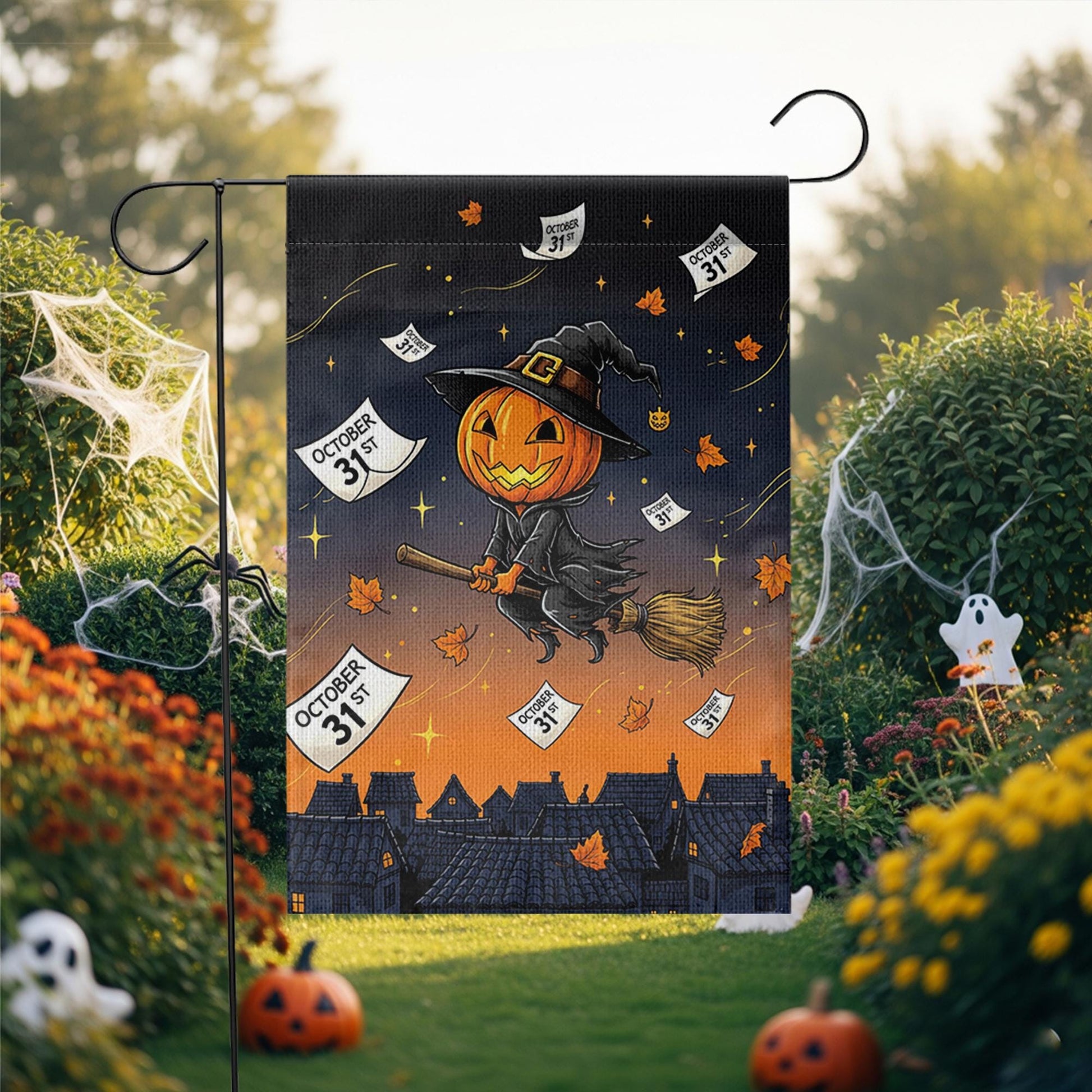 Adorable Witch Pumpkin Garden Flag, Flying Jack-o'-Lantern Yard Decor, October 31st Halloween Banner, Spooky Cute Outdoor Art
