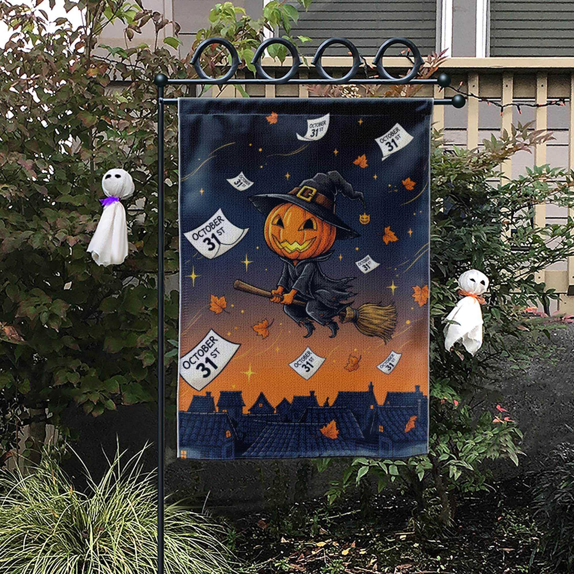 Adorable Witch Pumpkin Garden Flag, Flying Jack-o'-Lantern Yard Decor, October 31st Halloween Banner, Spooky Cute Outdoor Art