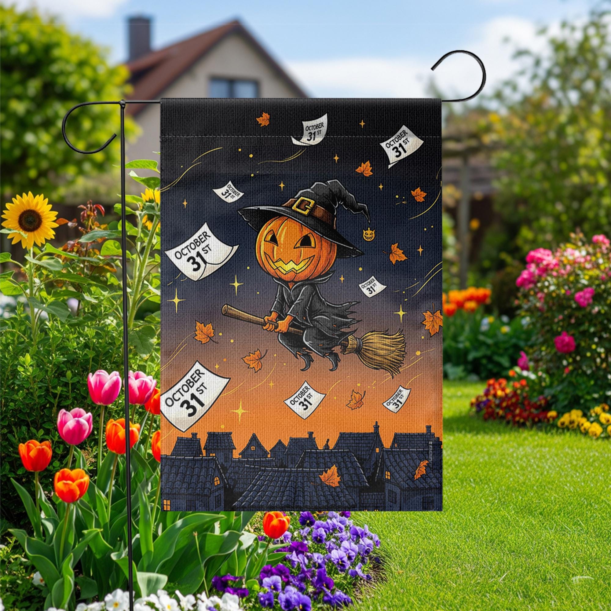 Adorable Witch Pumpkin Garden Flag, Flying Jack-o'-Lantern Yard Decor, October 31st Halloween Banner, Spooky Cute Outdoor Art