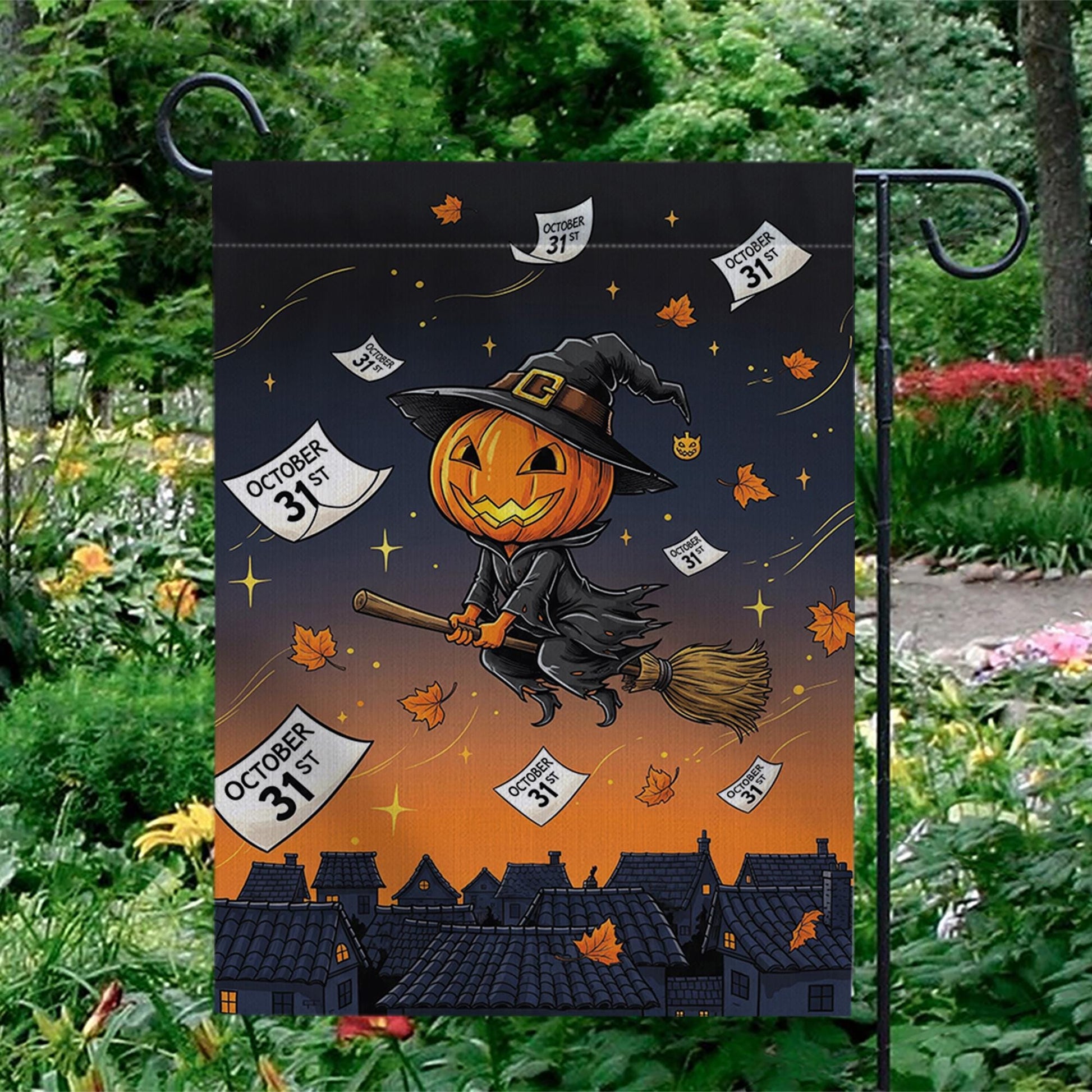 Adorable Witch Pumpkin Garden Flag, Flying Jack-o'-Lantern Yard Decor, October 31st Halloween Banner, Spooky Cute Outdoor Art