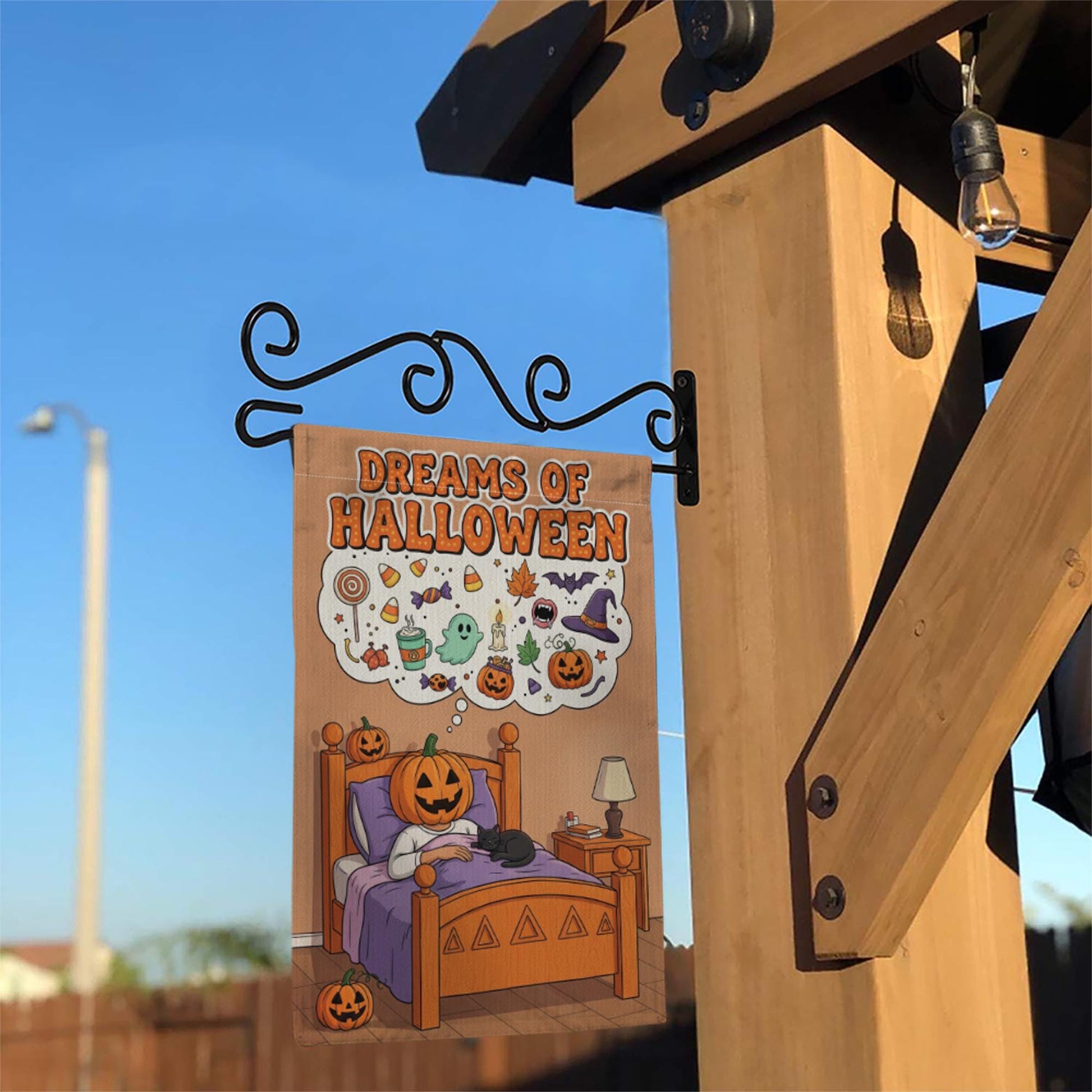 Dreams of Halloween Garden Flag, Cute Pumpkin in Bed Yard Decor, Spooky Sweet Outdoor Banner, Whimsical Fall Welcome