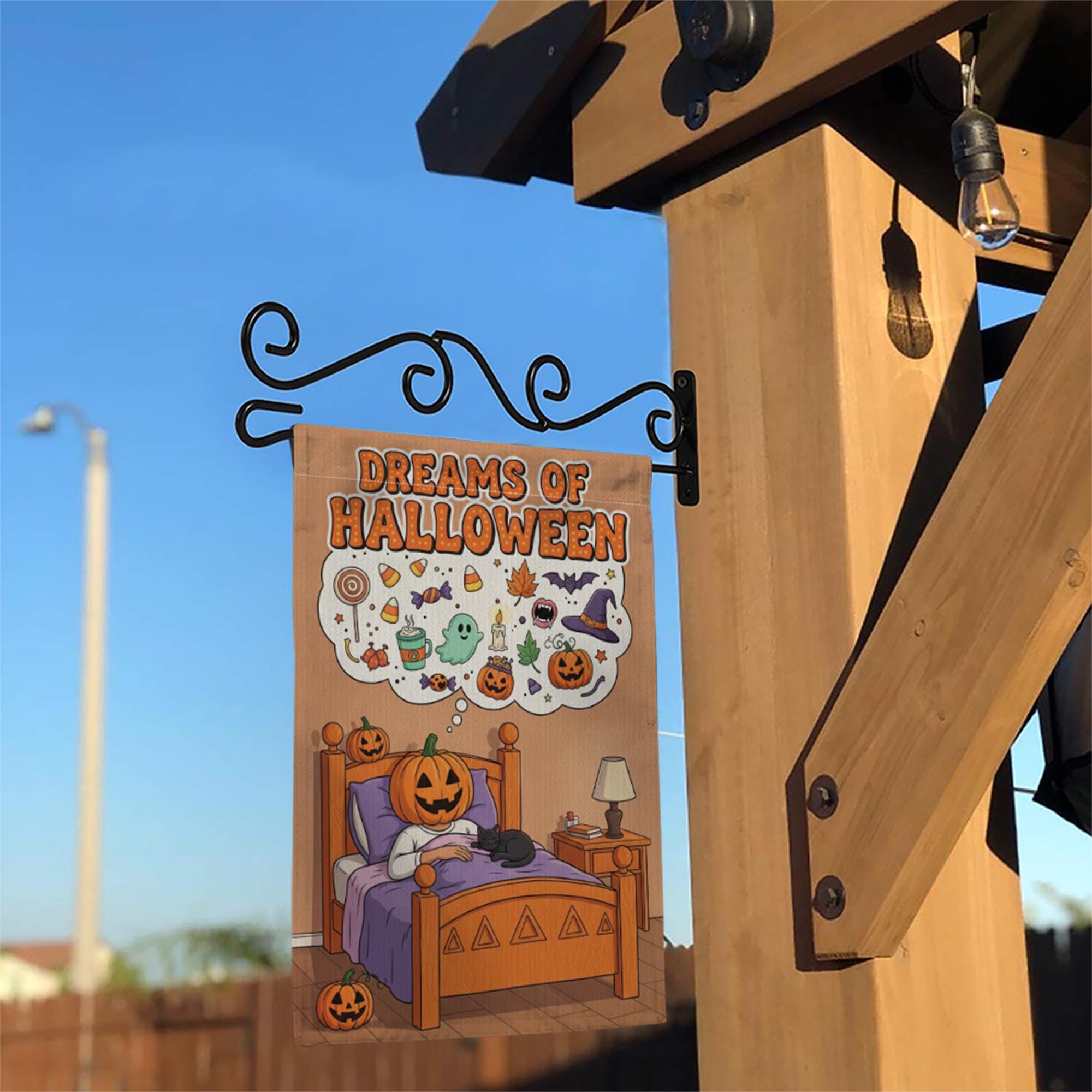Dreams of Halloween Garden Flag, Cute Pumpkin in Bed Yard Decor, Spooky Sweet Outdoor Banner, Whimsical Fall Welcome