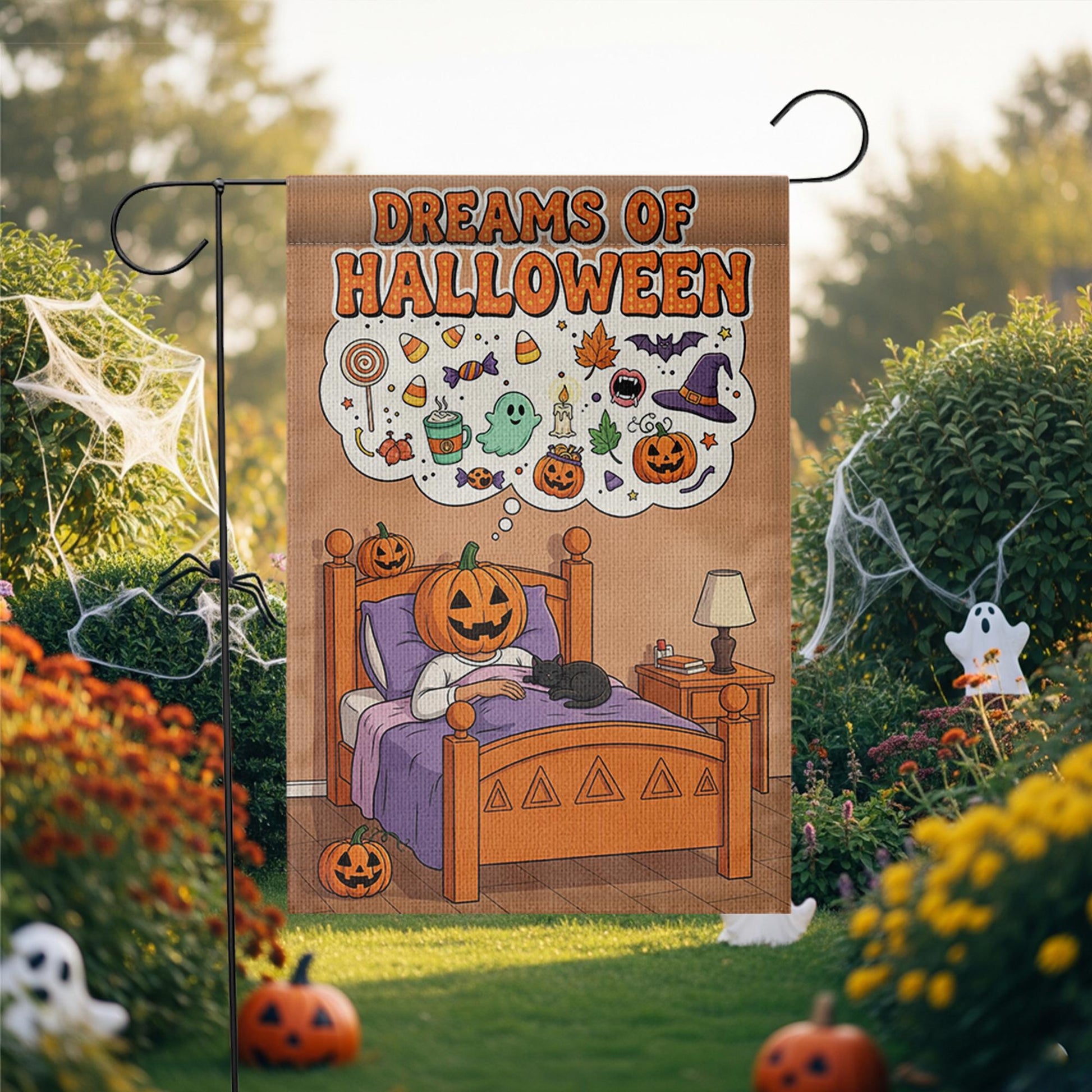 Dreams of Halloween Garden Flag, Cute Pumpkin in Bed Yard Decor, Spooky Sweet Outdoor Banner, Whimsical Fall Welcome