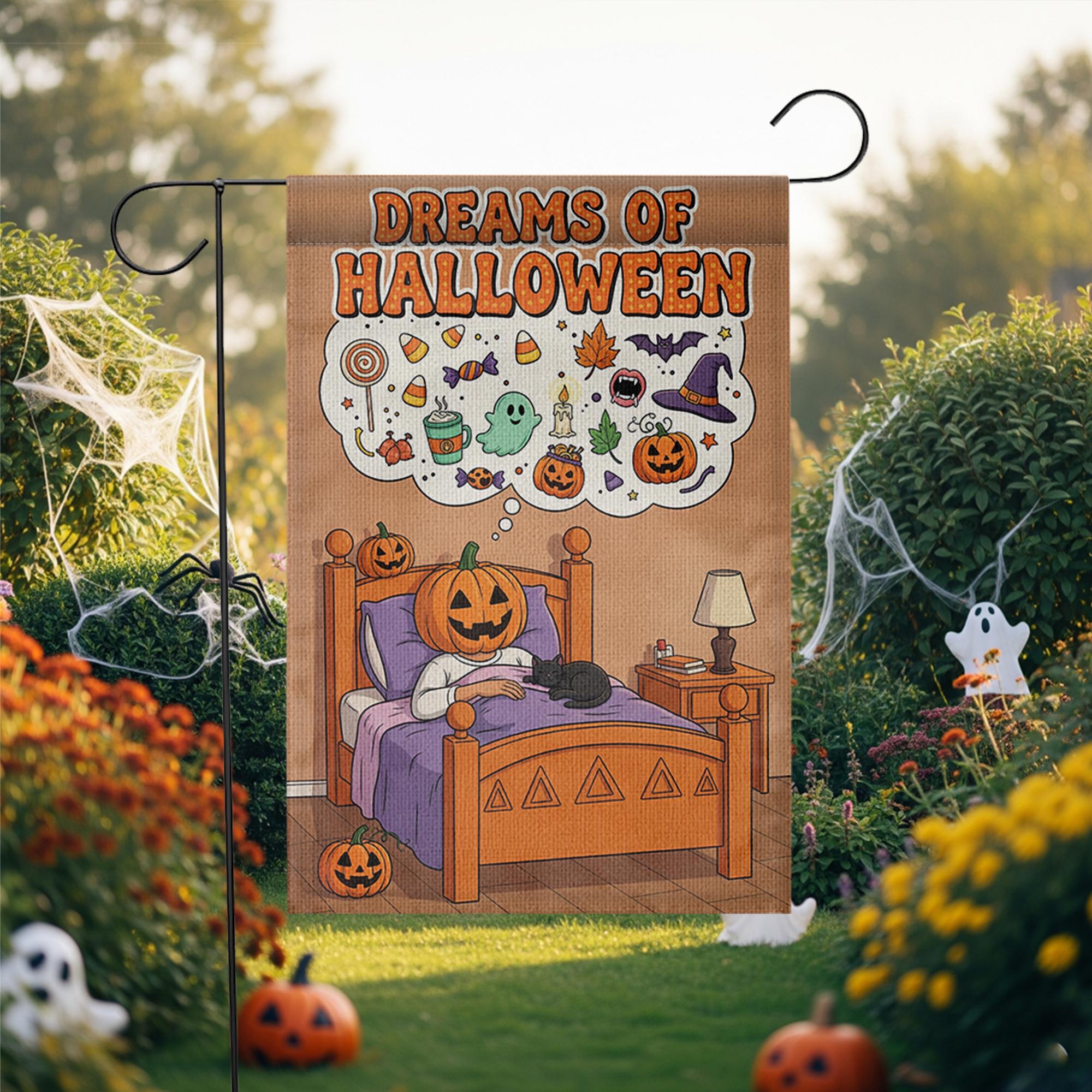 Dreams of Halloween Garden Flag, Cute Pumpkin in Bed Yard Decor, Spooky Sweet Outdoor Banner, Whimsical Fall Welcome