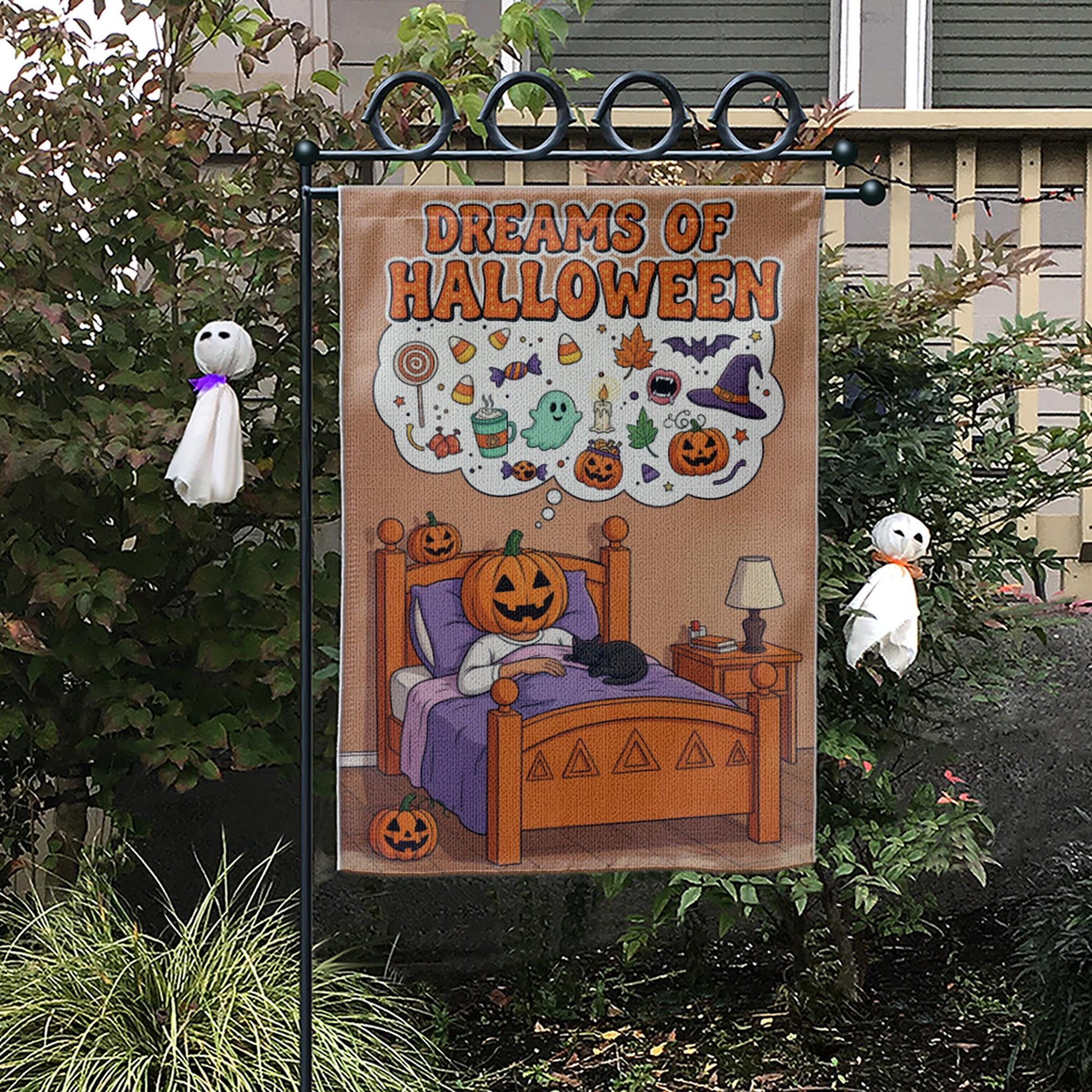 Dreams of Halloween Garden Flag, Cute Pumpkin in Bed Yard Decor, Spooky Sweet Outdoor Banner, Whimsical Fall Welcome