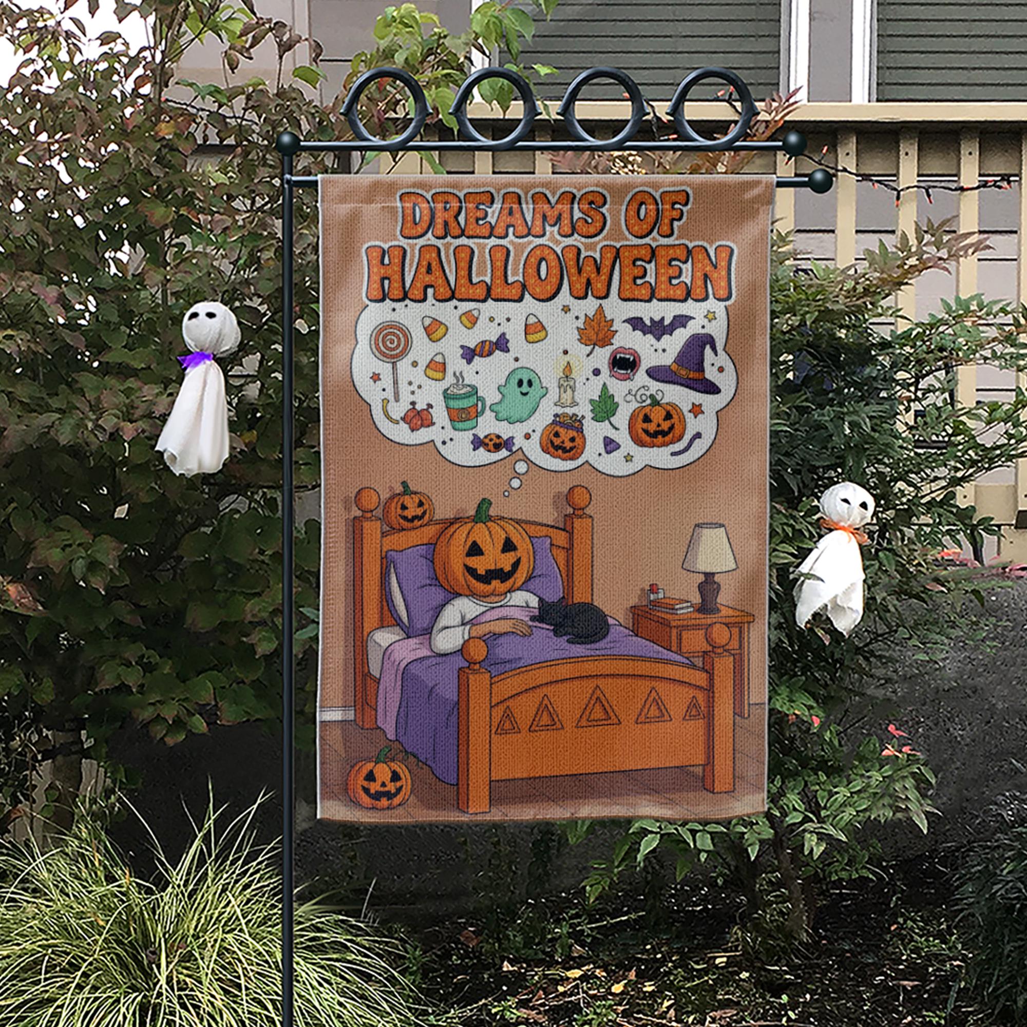 Dreams of Halloween Garden Flag, Cute Pumpkin in Bed Yard Decor, Spooky Sweet Outdoor Banner, Whimsical Fall Welcome