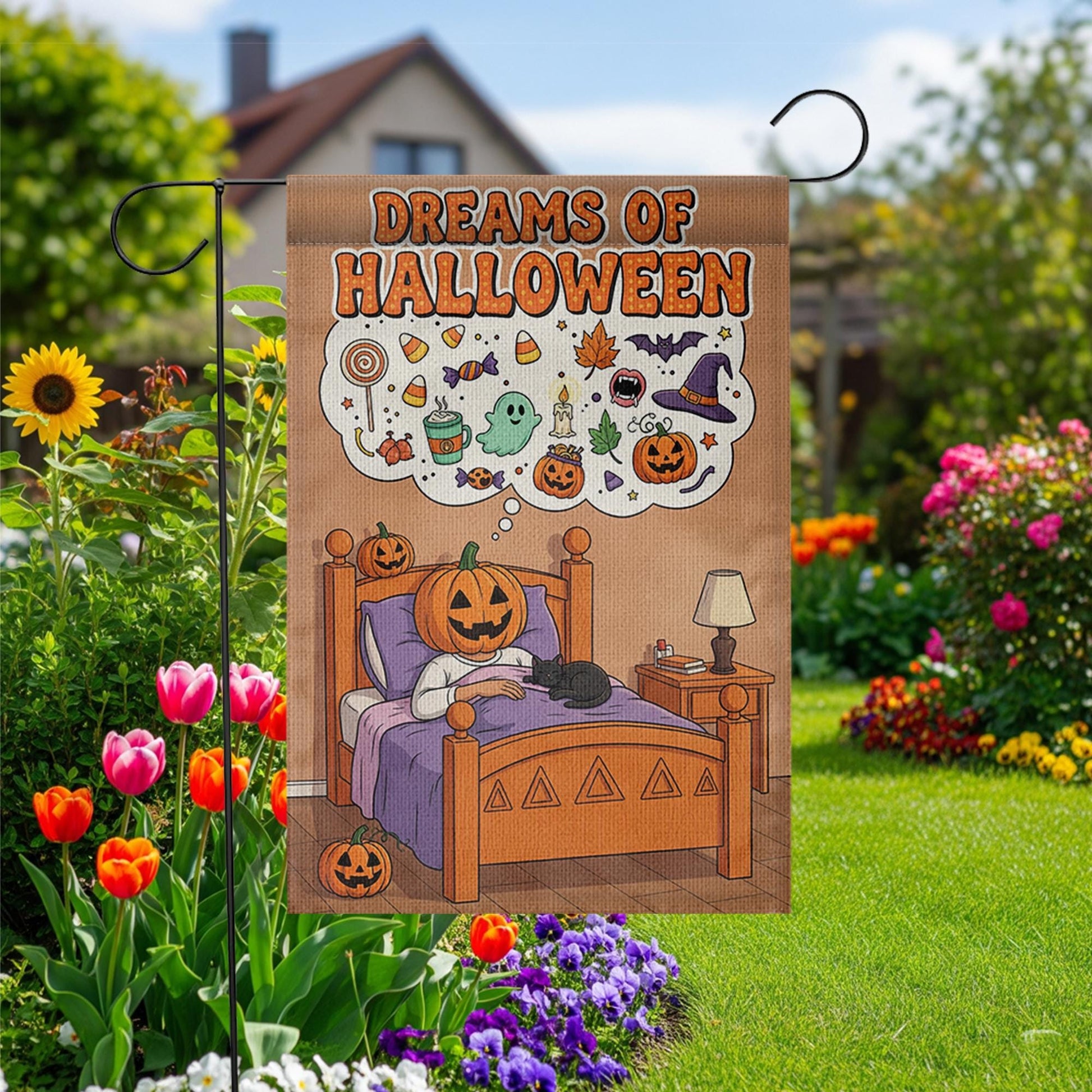Dreams of Halloween Garden Flag, Cute Pumpkin in Bed Yard Decor, Spooky Sweet Outdoor Banner, Whimsical Fall Welcome