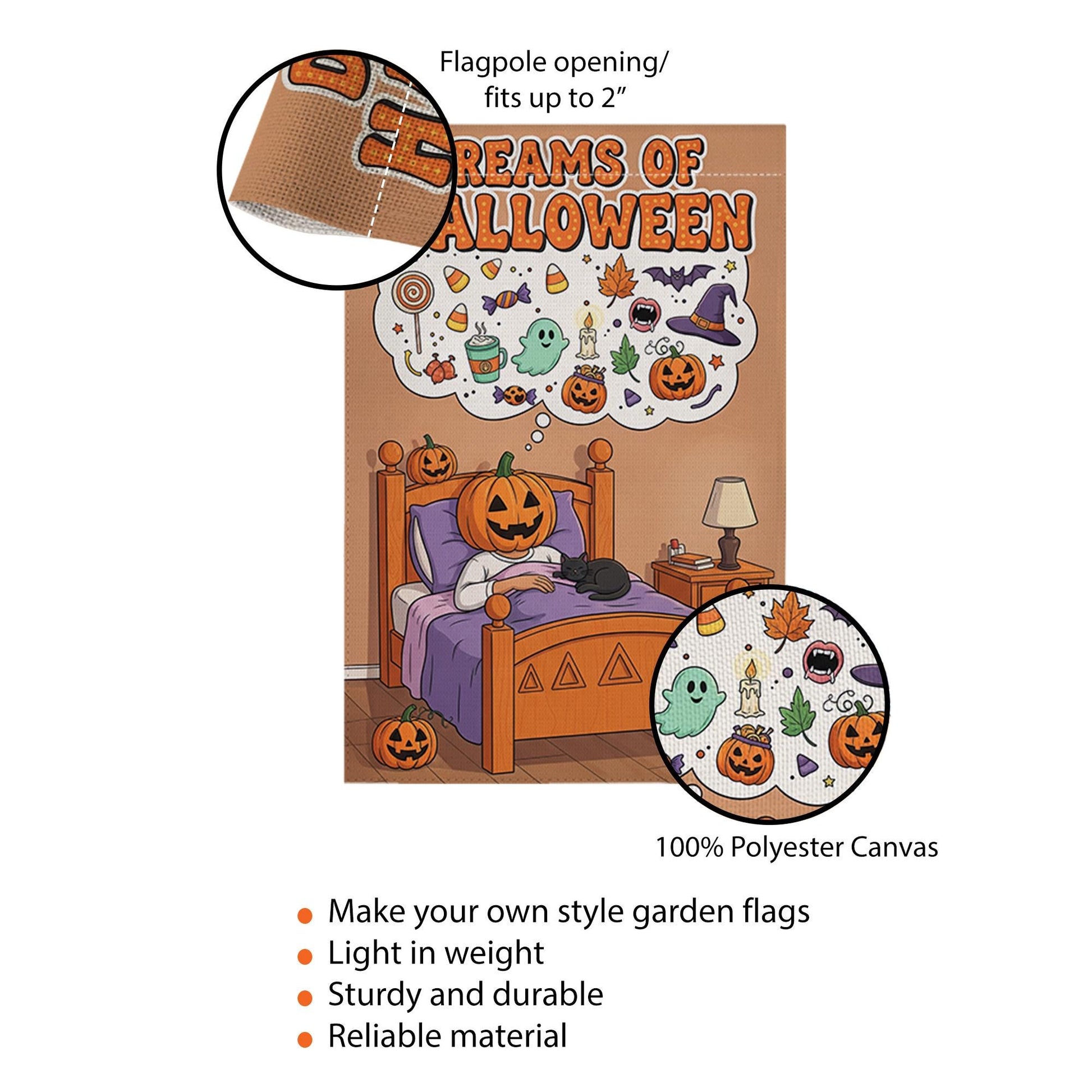 Dreams of Halloween Garden Flag, Cute Pumpkin in Bed Yard Decor, Spooky Sweet Outdoor Banner, Whimsical Fall Welcome