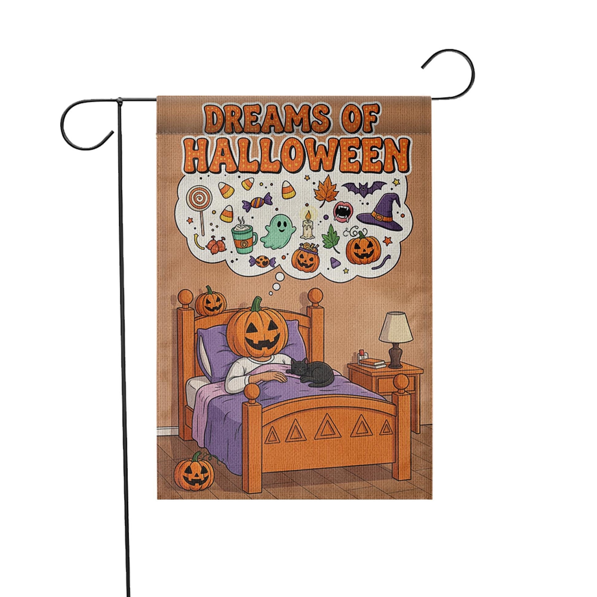 Dreams of Halloween Garden Flag, Cute Pumpkin in Bed Yard Decor, Spooky Sweet Outdoor Banner, Whimsical Fall Welcome