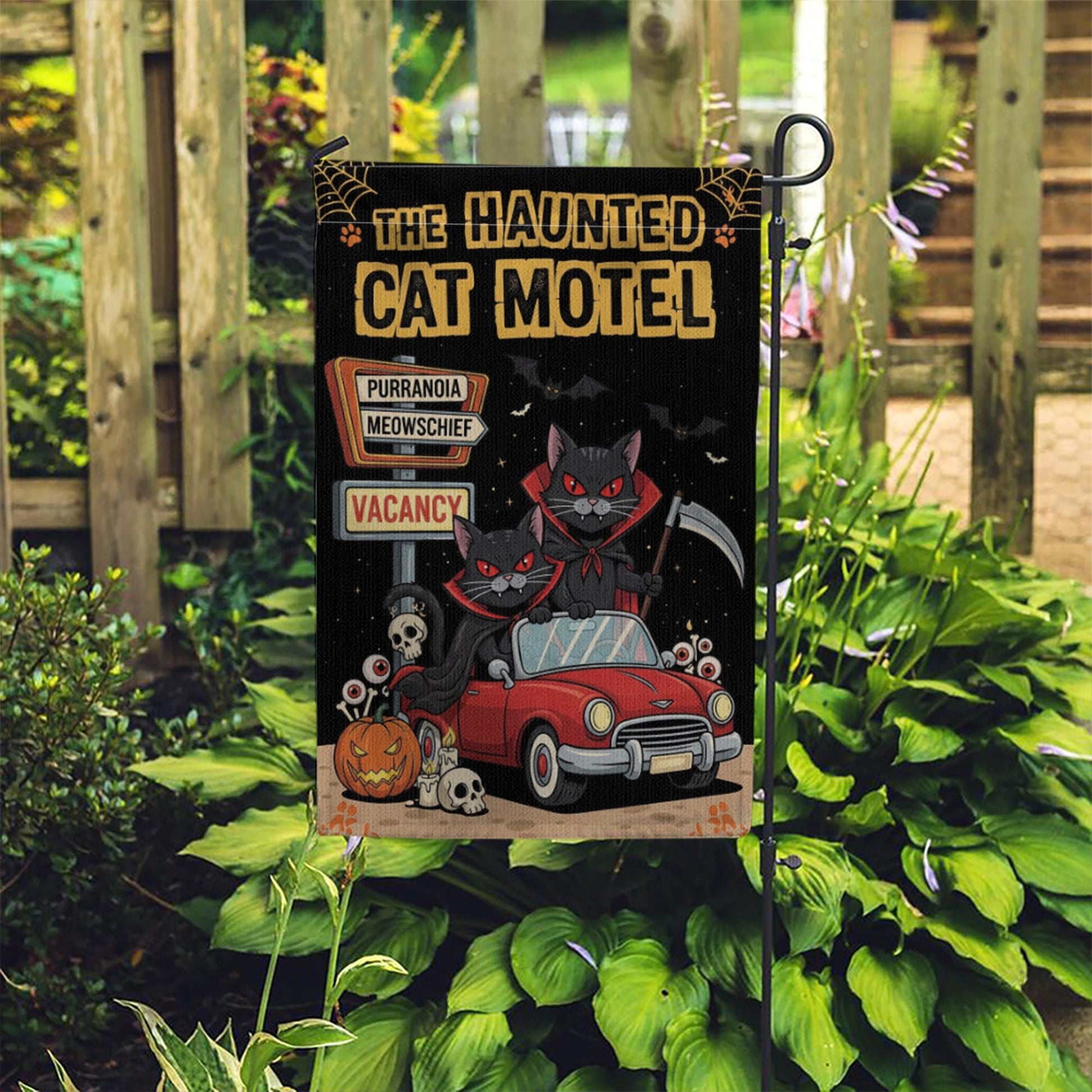 Haunted Cat Motel Flag, Funny Halloween Yard Decor, Vampire Black Cats Banner, Spooky Outdoor Fall Sign, Meow Mischief Flag