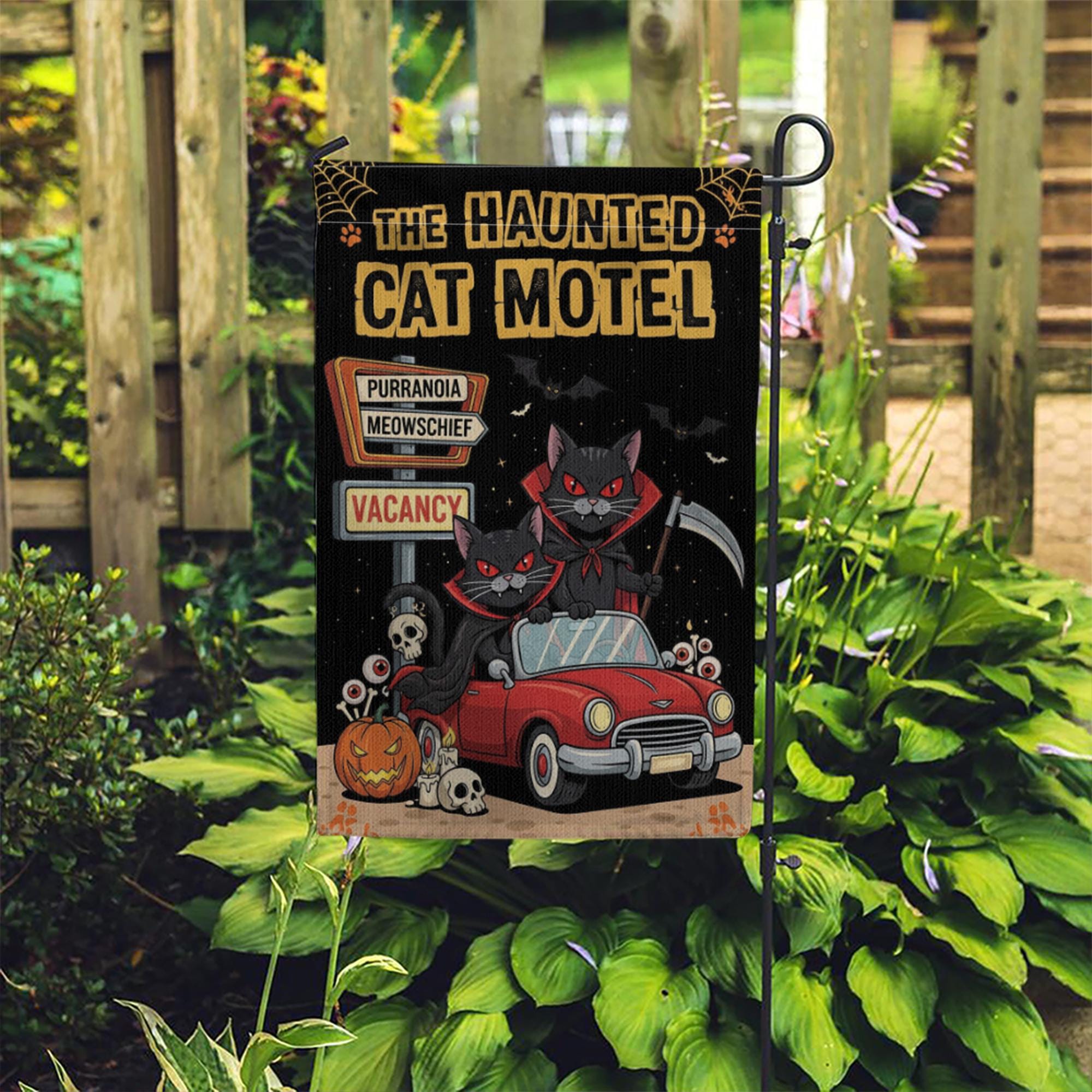 Haunted Cat Motel Flag, Funny Halloween Yard Decor, Vampire Black Cats Banner, Spooky Outdoor Fall Sign, Meow Mischief Flag