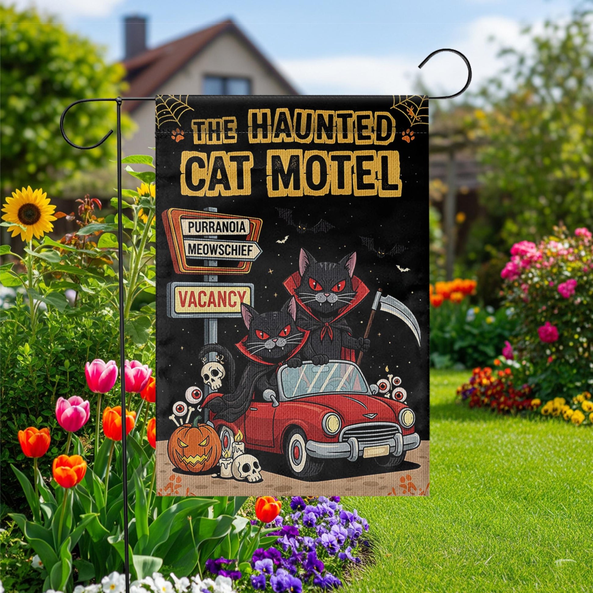 Haunted Cat Motel Flag, Funny Halloween Yard Decor, Vampire Black Cats Banner, Spooky Outdoor Fall Sign, Meow Mischief Flag