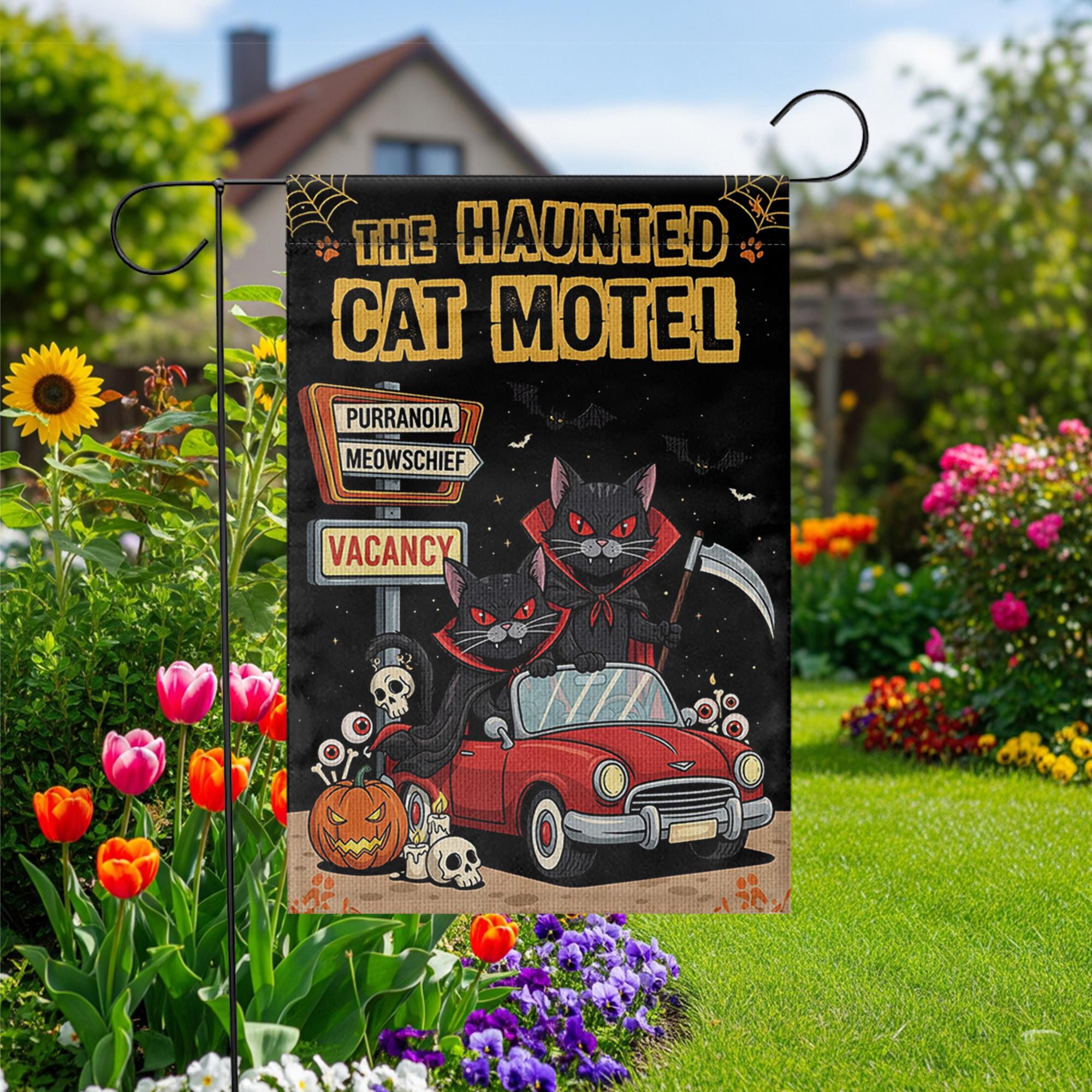 Haunted Cat Motel Flag, Funny Halloween Yard Decor, Vampire Black Cats Banner, Spooky Outdoor Fall Sign, Meow Mischief Flag