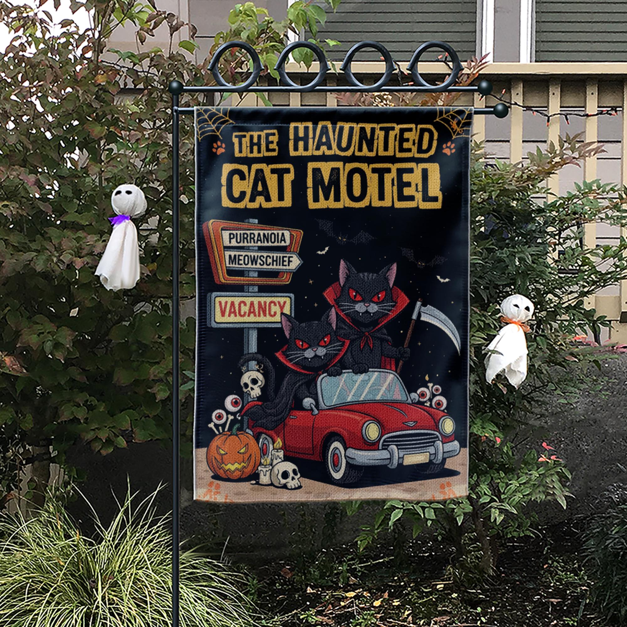 Haunted Cat Motel Flag, Funny Halloween Yard Decor, Vampire Black Cats Banner, Spooky Outdoor Fall Sign, Meow Mischief Flag
