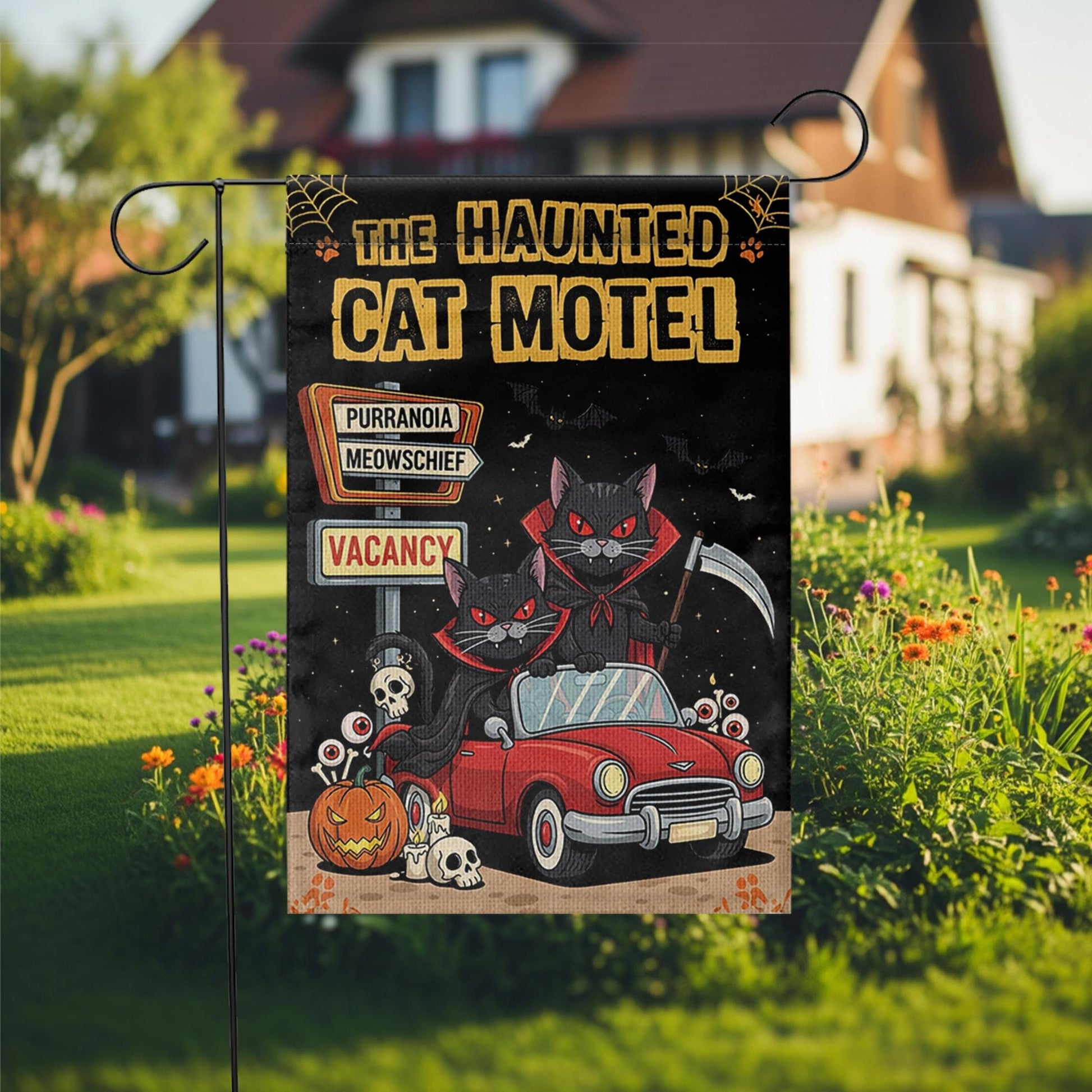 Haunted Cat Motel Flag, Funny Halloween Yard Decor, Vampire Black Cats Banner, Spooky Outdoor Fall Sign, Meow Mischief Flag