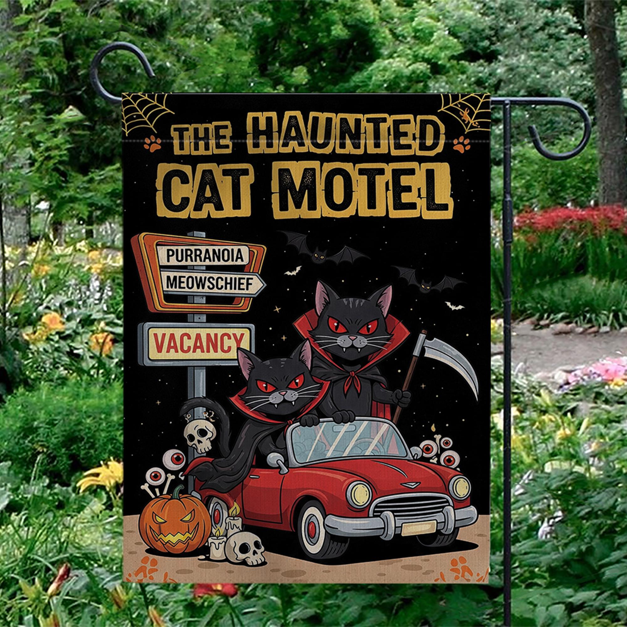 Haunted Cat Motel Flag, Funny Halloween Yard Decor, Vampire Black Cats Banner, Spooky Outdoor Fall Sign, Meow Mischief Flag