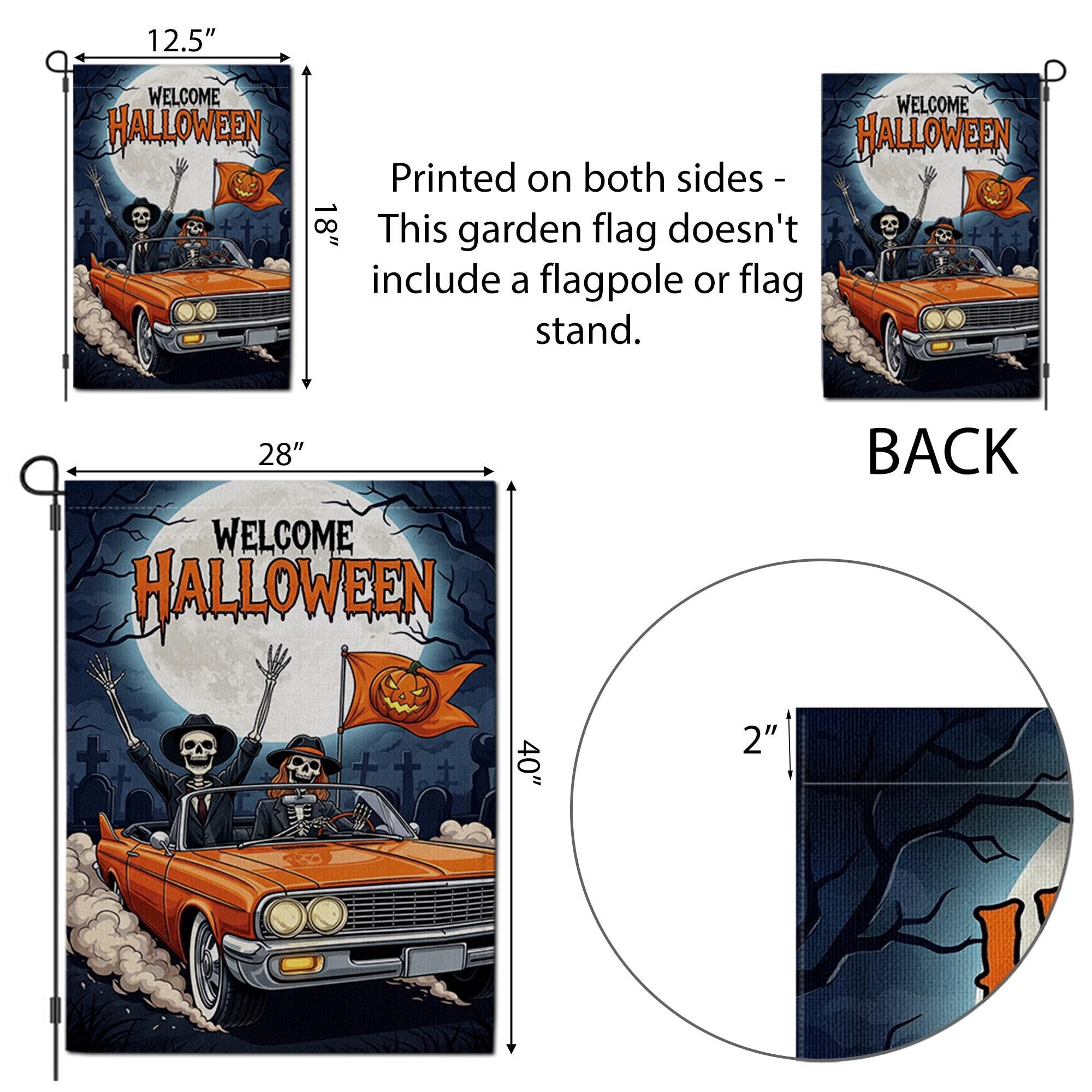Welcome Halloween Skeleton Car Garden Flag, Spooky Outdoor Yard Decor, Vintage Car & Skeletons Banner, Halloween Welcome Sign
