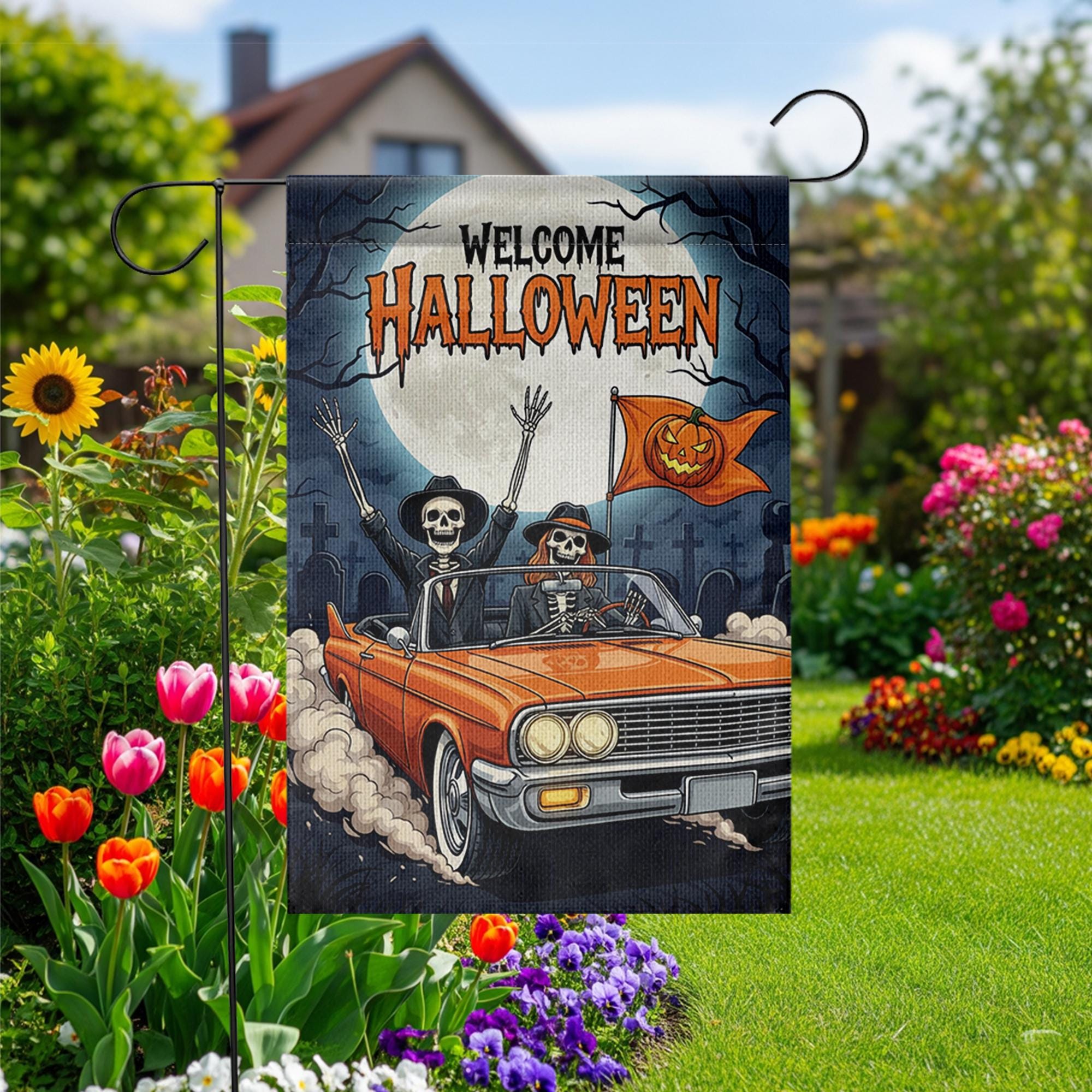 Welcome Halloween Skeleton Car Garden Flag, Spooky Outdoor Yard Decor, Vintage Car & Skeletons Banner, Halloween Welcome Sign