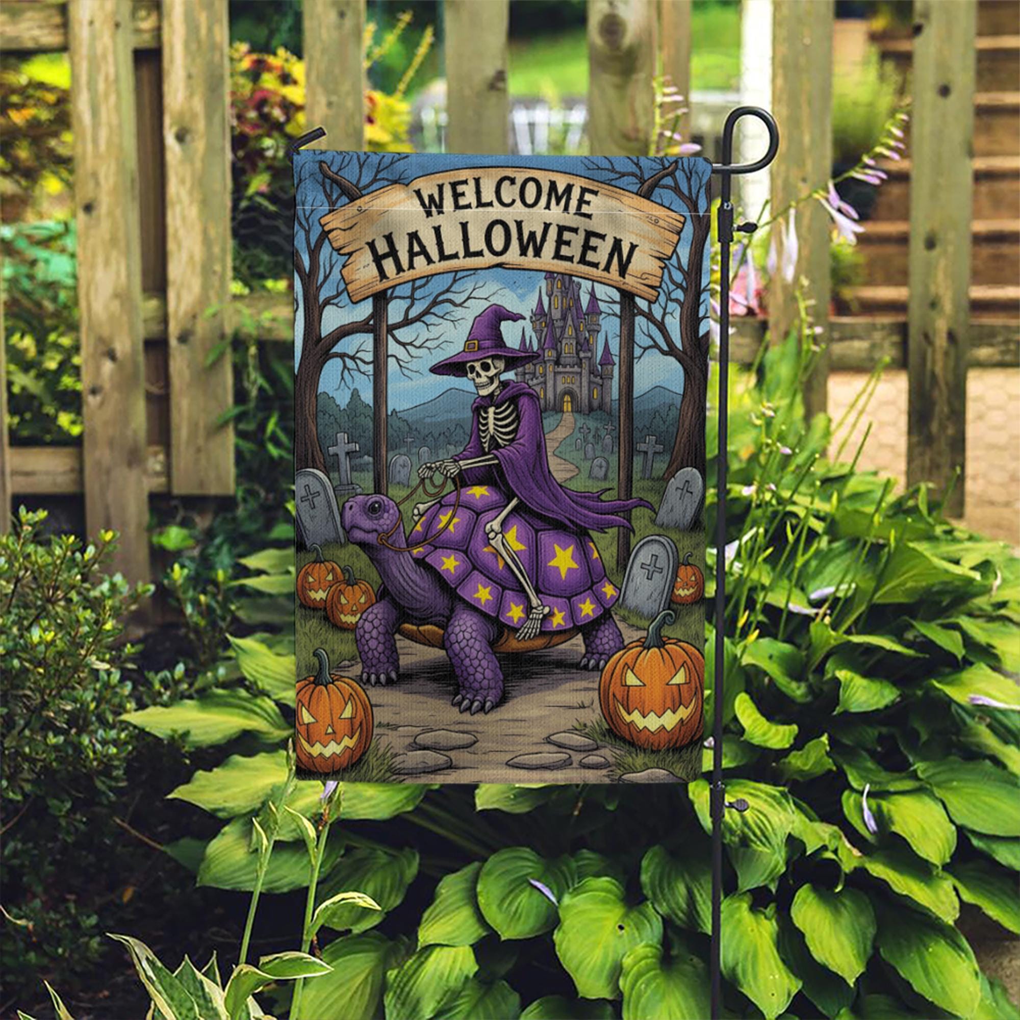 Welcome Halloween Skeleton Witch Turtle Garden Flag, Spooky Fantasy Yard Decor, Unique Halloween Welcome Banner, Gothic Outdoor Art