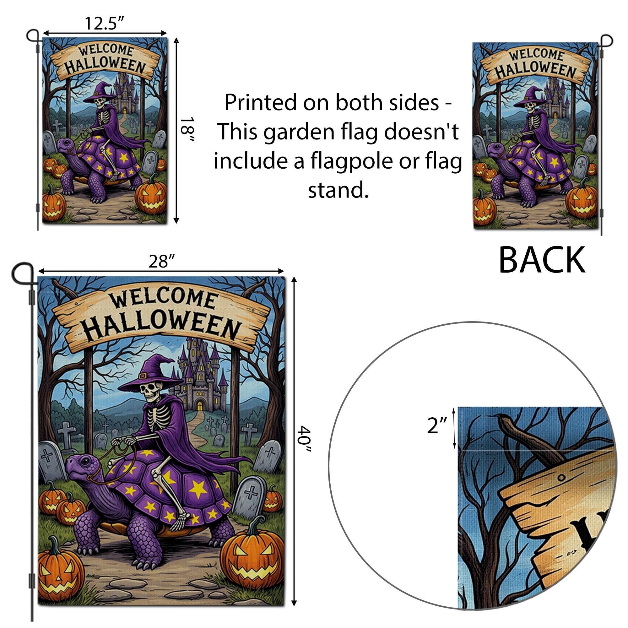 Welcome Halloween Skeleton Witch Turtle Garden Flag, Spooky Fantasy Yard Decor, Unique Halloween Welcome Banner, Gothic Outdoor Art