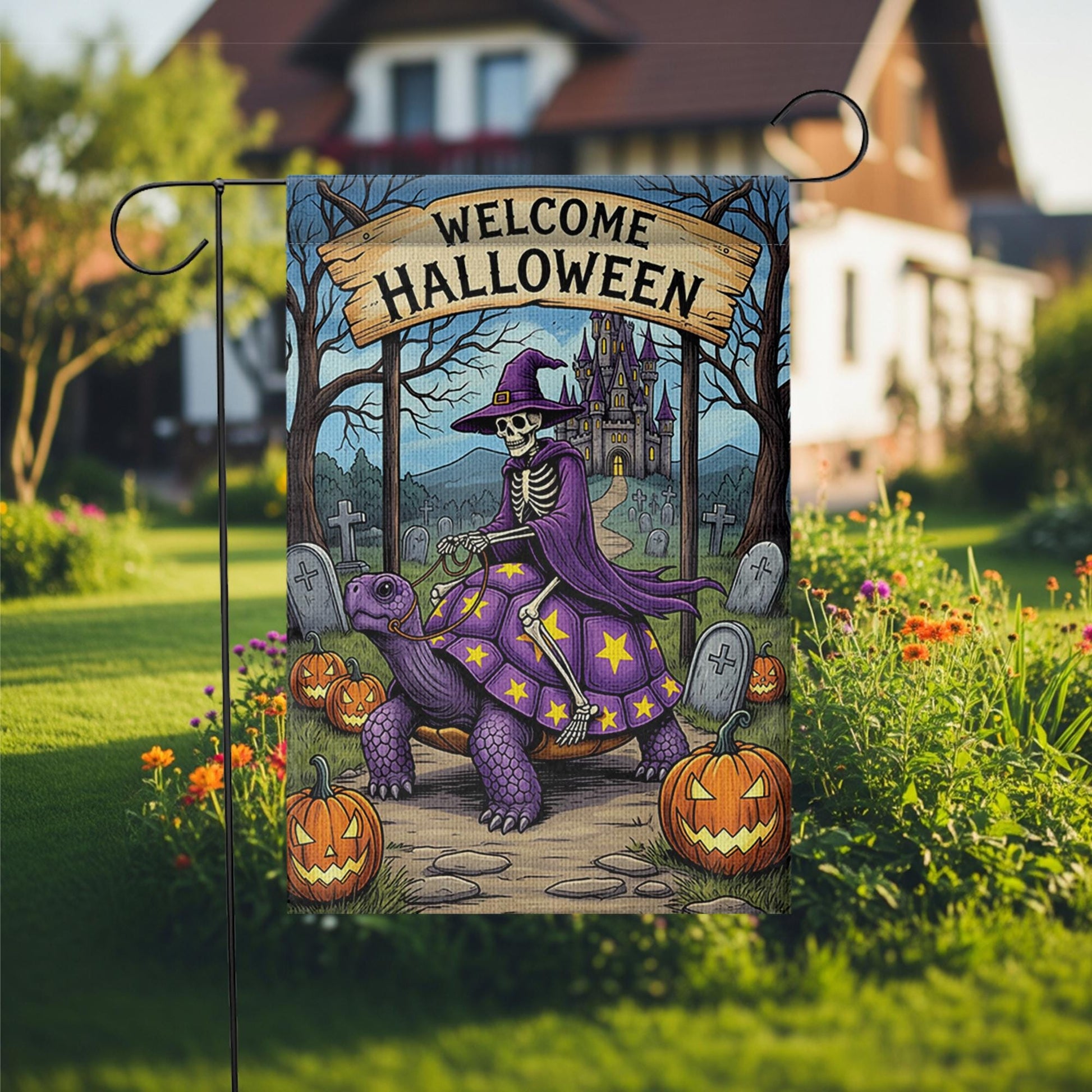 Welcome Halloween Skeleton Witch Turtle Garden Flag, Spooky Fantasy Yard Decor, Unique Halloween Welcome Banner, Gothic Outdoor Art
