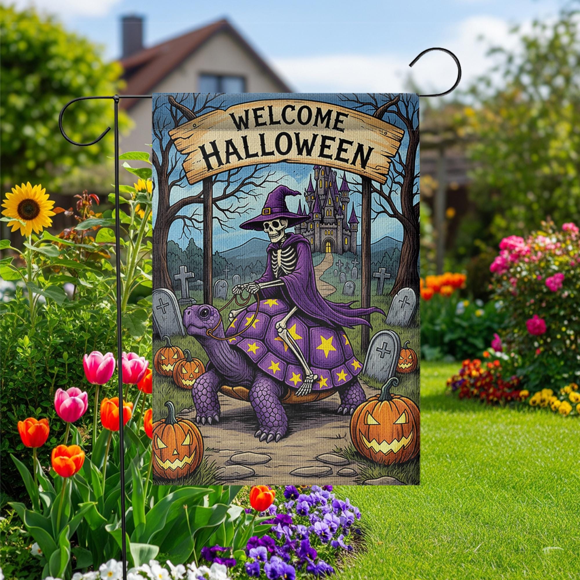 Welcome Halloween Skeleton Witch Turtle Garden Flag, Spooky Fantasy Yard Decor, Unique Halloween Welcome Banner, Gothic Outdoor Art