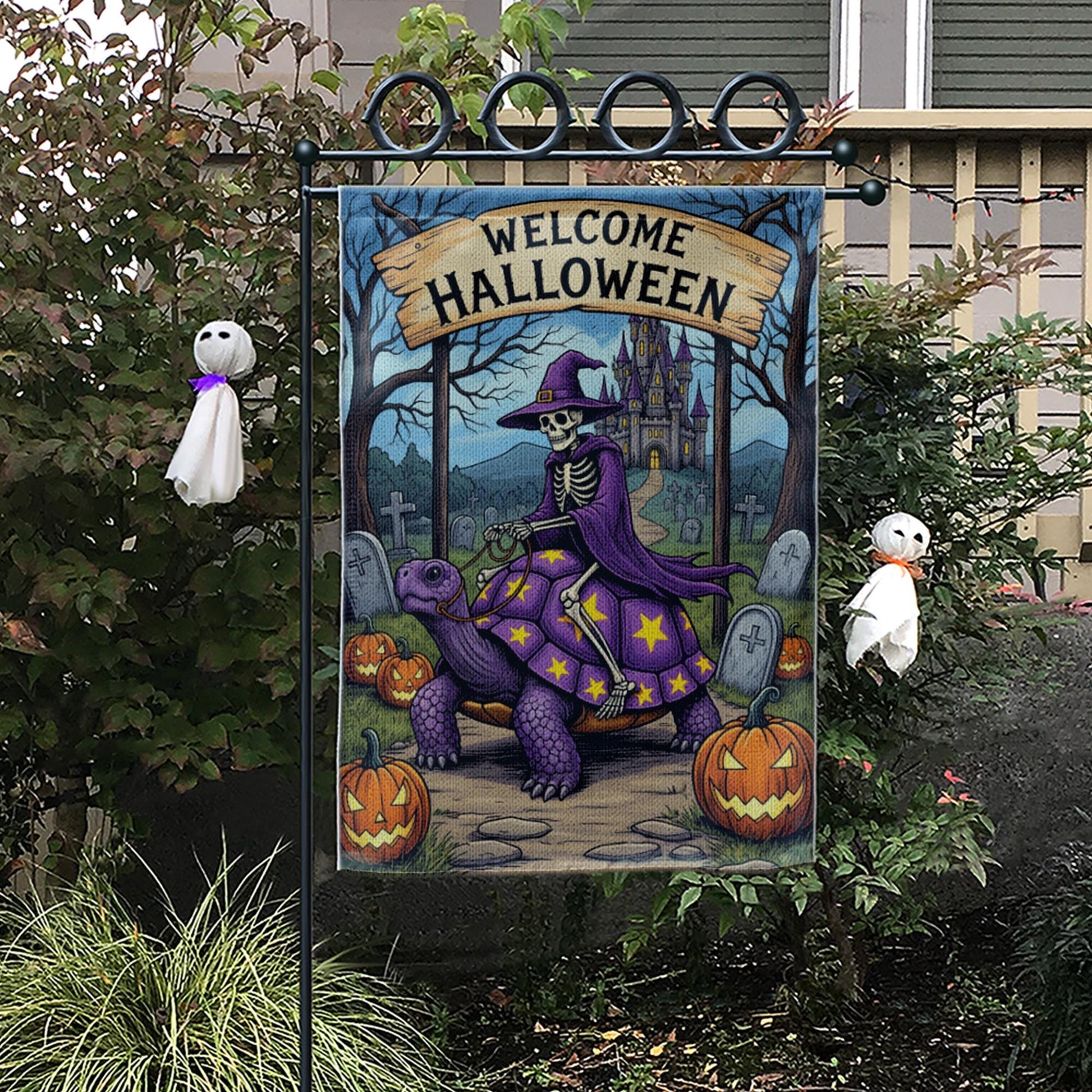 Welcome Halloween Skeleton Witch Turtle Garden Flag, Spooky Fantasy Yard Decor, Unique Halloween Welcome Banner, Gothic Outdoor Art