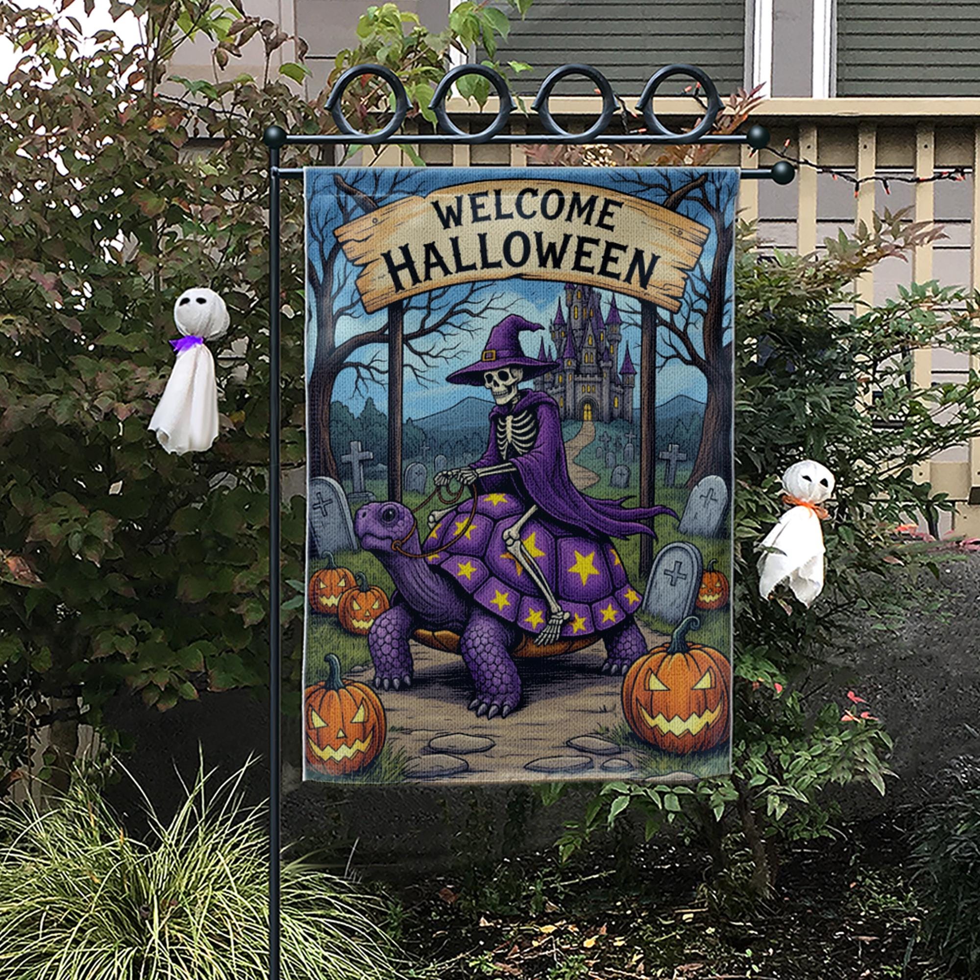 Welcome Halloween Skeleton Witch Turtle Garden Flag, Spooky Fantasy Yard Decor, Unique Halloween Welcome Banner, Gothic Outdoor Art
