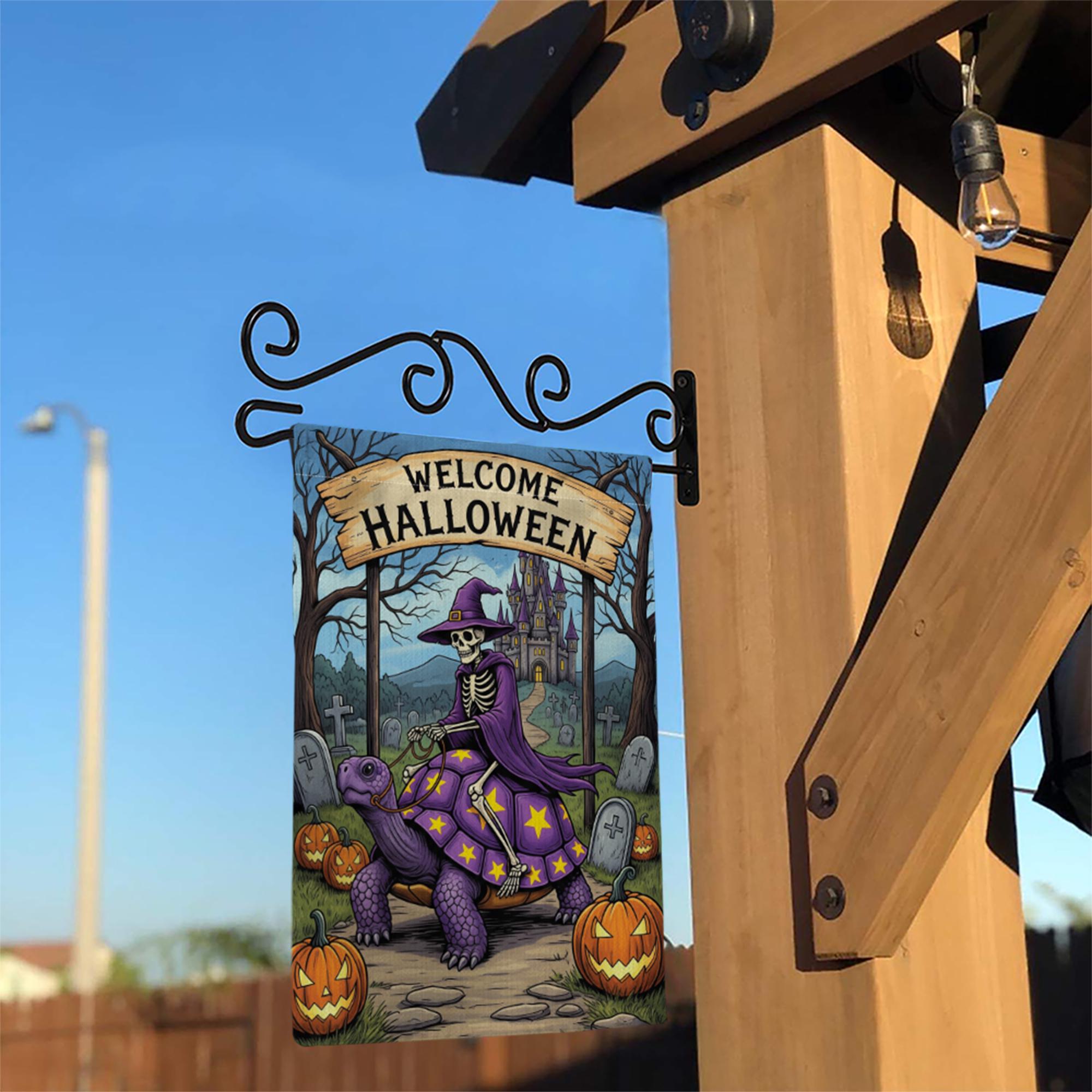 Welcome Halloween Skeleton Witch Turtle Garden Flag, Spooky Fantasy Yard Decor, Unique Halloween Welcome Banner, Gothic Outdoor Art