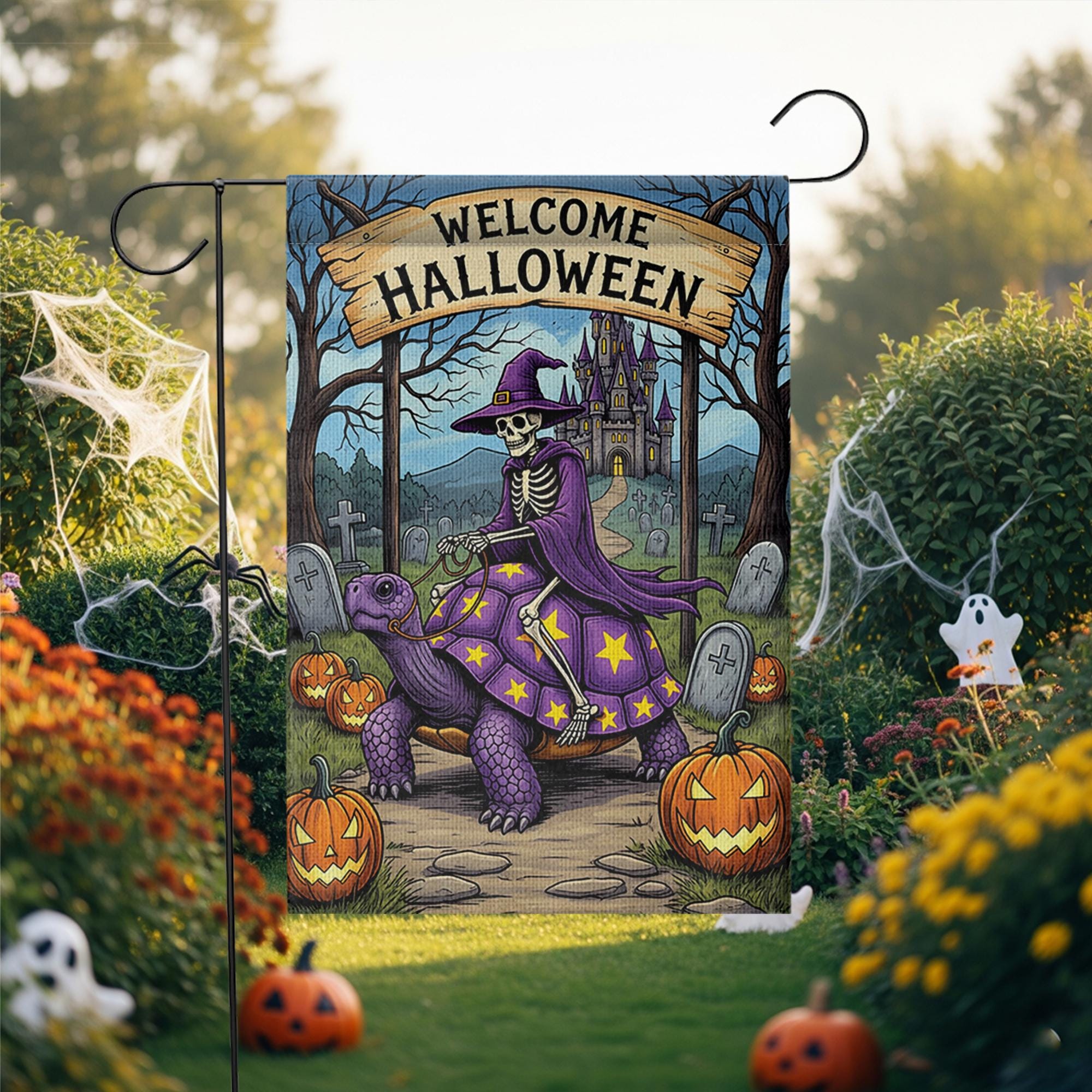Welcome Halloween Skeleton Witch Turtle Garden Flag, Spooky Fantasy Yard Decor, Unique Halloween Welcome Banner, Gothic Outdoor Art