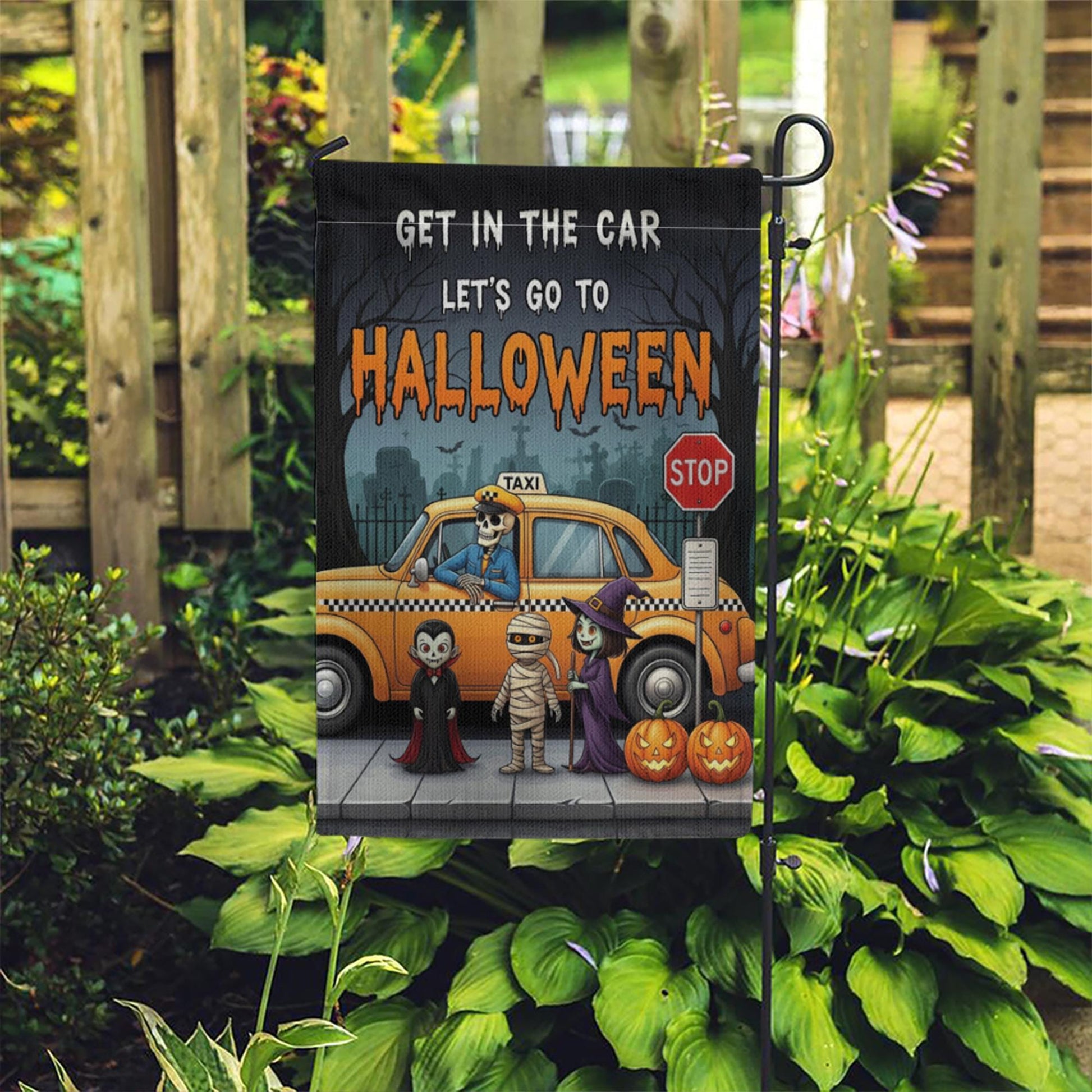 Get In The Car Let's Go To Halloween" Garden Flag, Spooky Taxi Yard Decor, Funny Monster Halloween Banner, Outdoor Seasonal Art